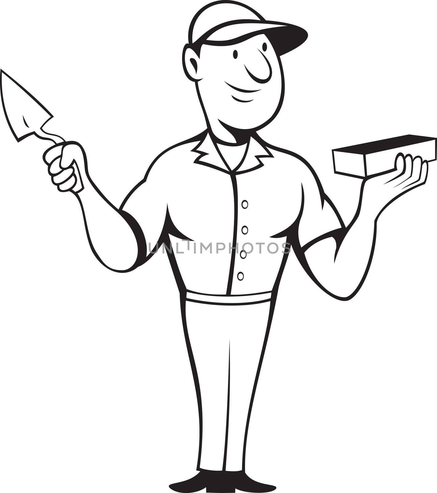 illustration of a bricklayer mason at work standing holding a brick and trowel done in cartoon style on isolated background