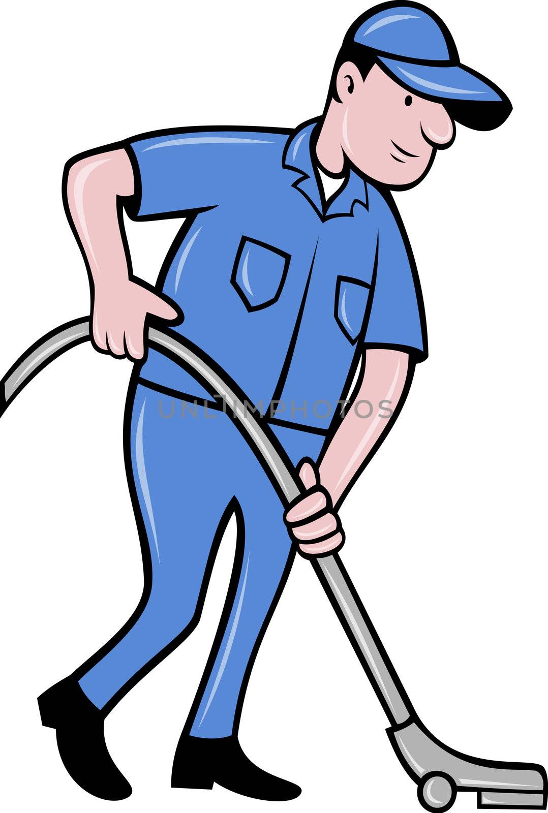 illustration of a Male worker cleaning with vacuum cleaner viewed from side on isolated background done in cartoon  style