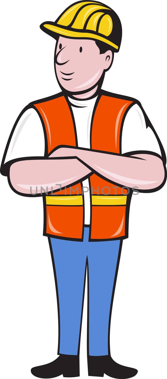 illustration of a construction worker wearing hard hat and safety vest with arms folded standing front on isolated background done in cartoon style