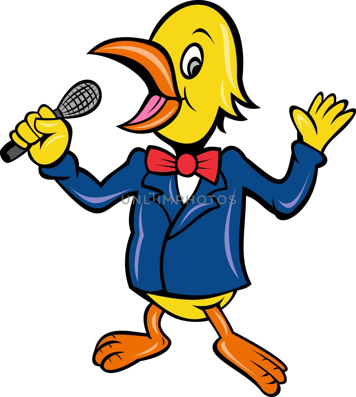 cartoon illustration of a bird singing karaoke with microphone in business suit isolated on white 
