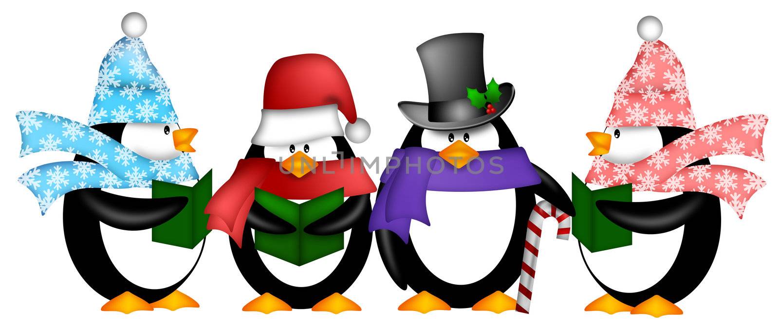 Cute Penguins Singing Carol Christmas Songs with Scarf and Hat Cartoon Illustration