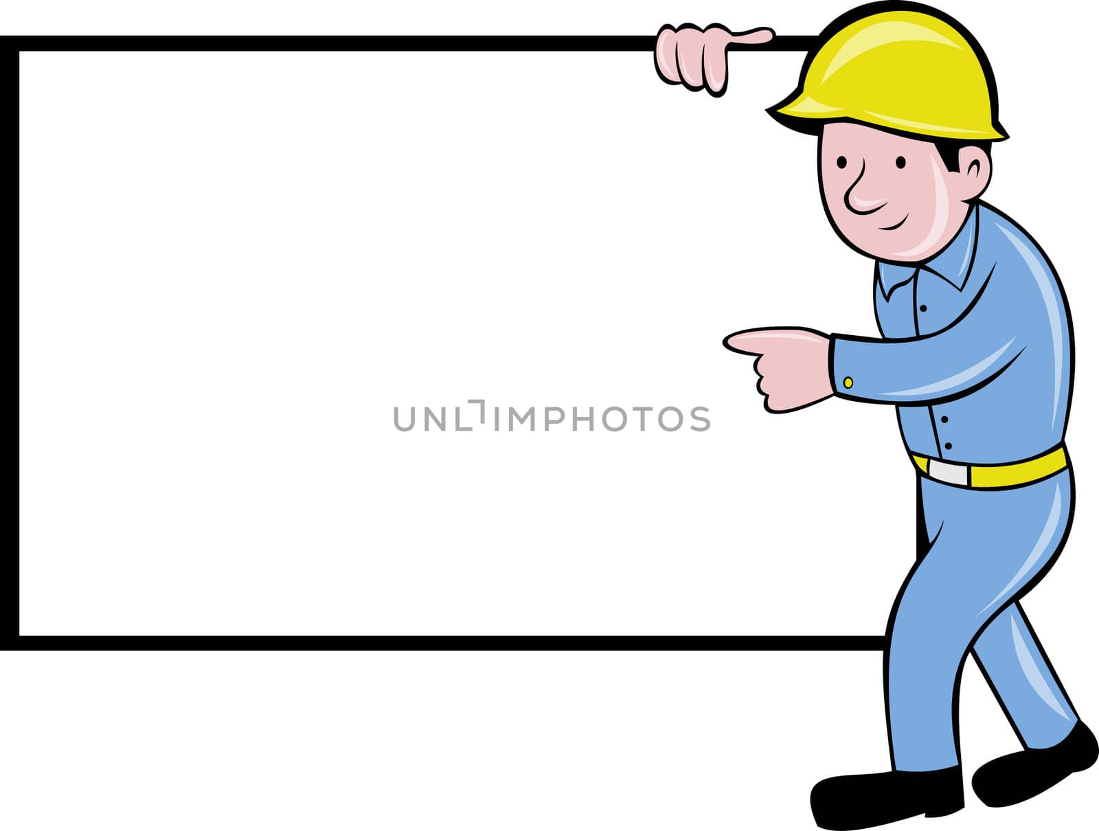 illustration of a cartoon construction worker with white board pointing on blank space isolated on white