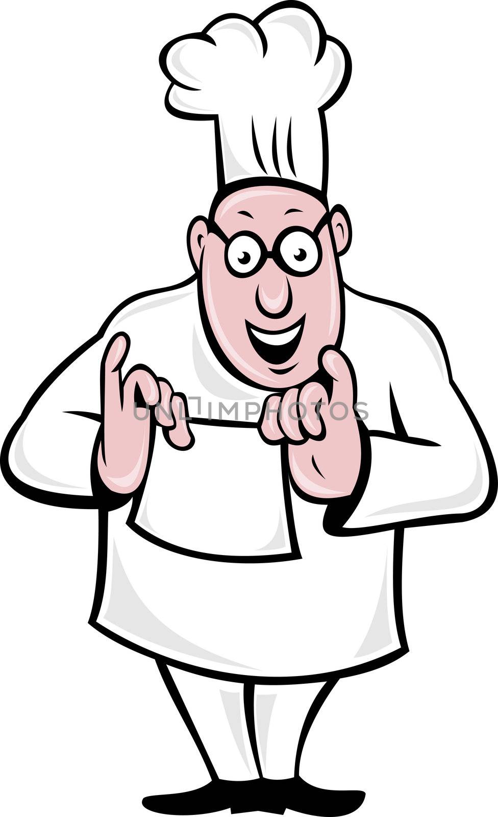  illustration of a cartoon butcher cutter with knife sharpening and cut of meat isolated on white