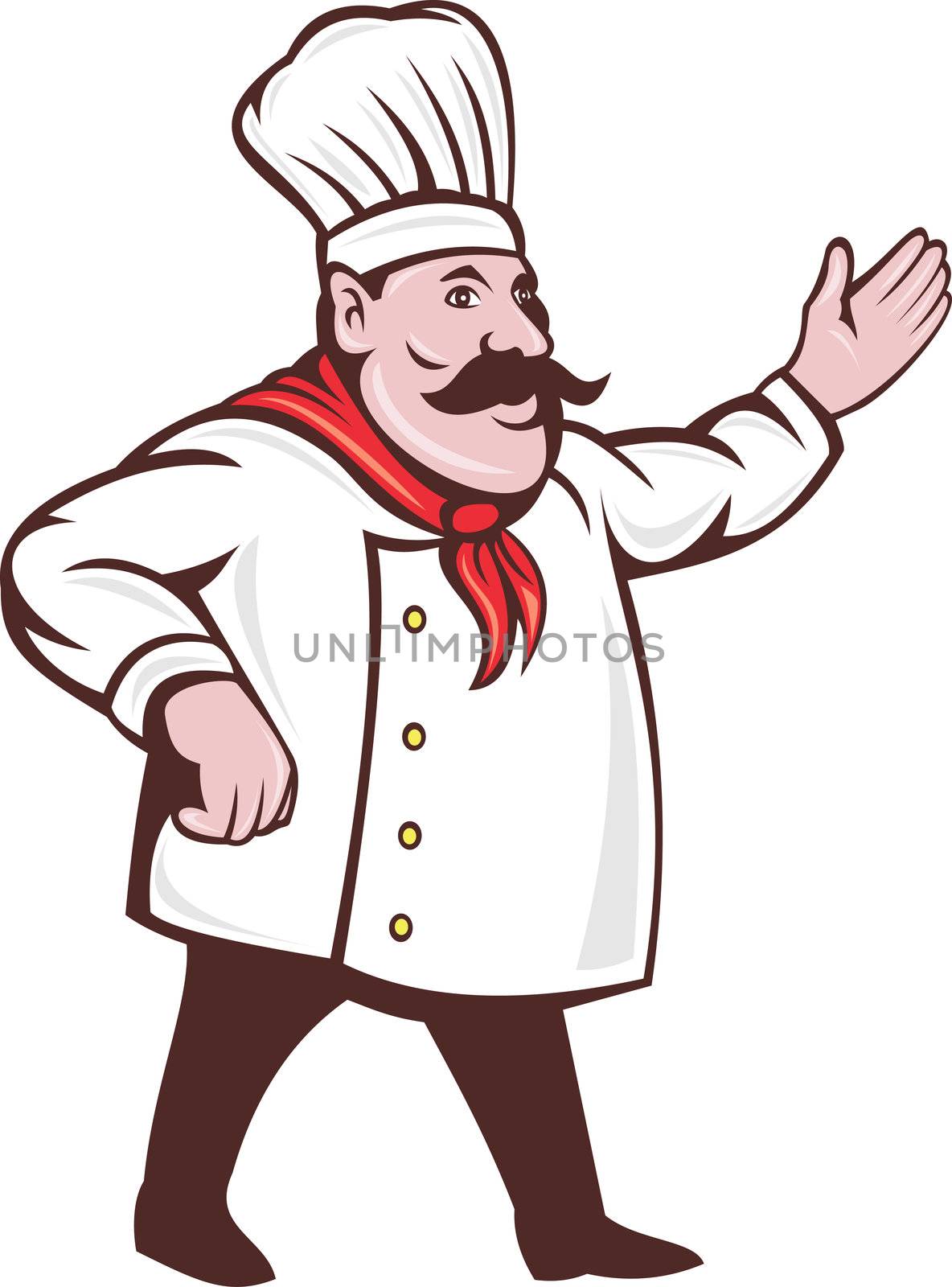  illustration of a cartoon Italian chef with mustache saying hello or welcome with hands extended isolated on white