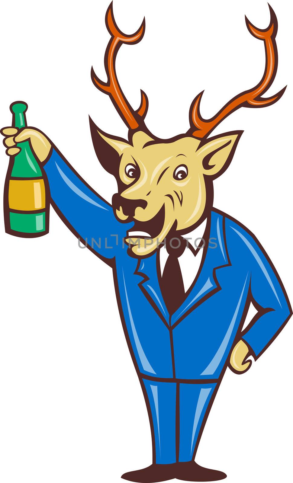 illustration of a cartoon deer holding champagne wine bottle in business suit on isolated background