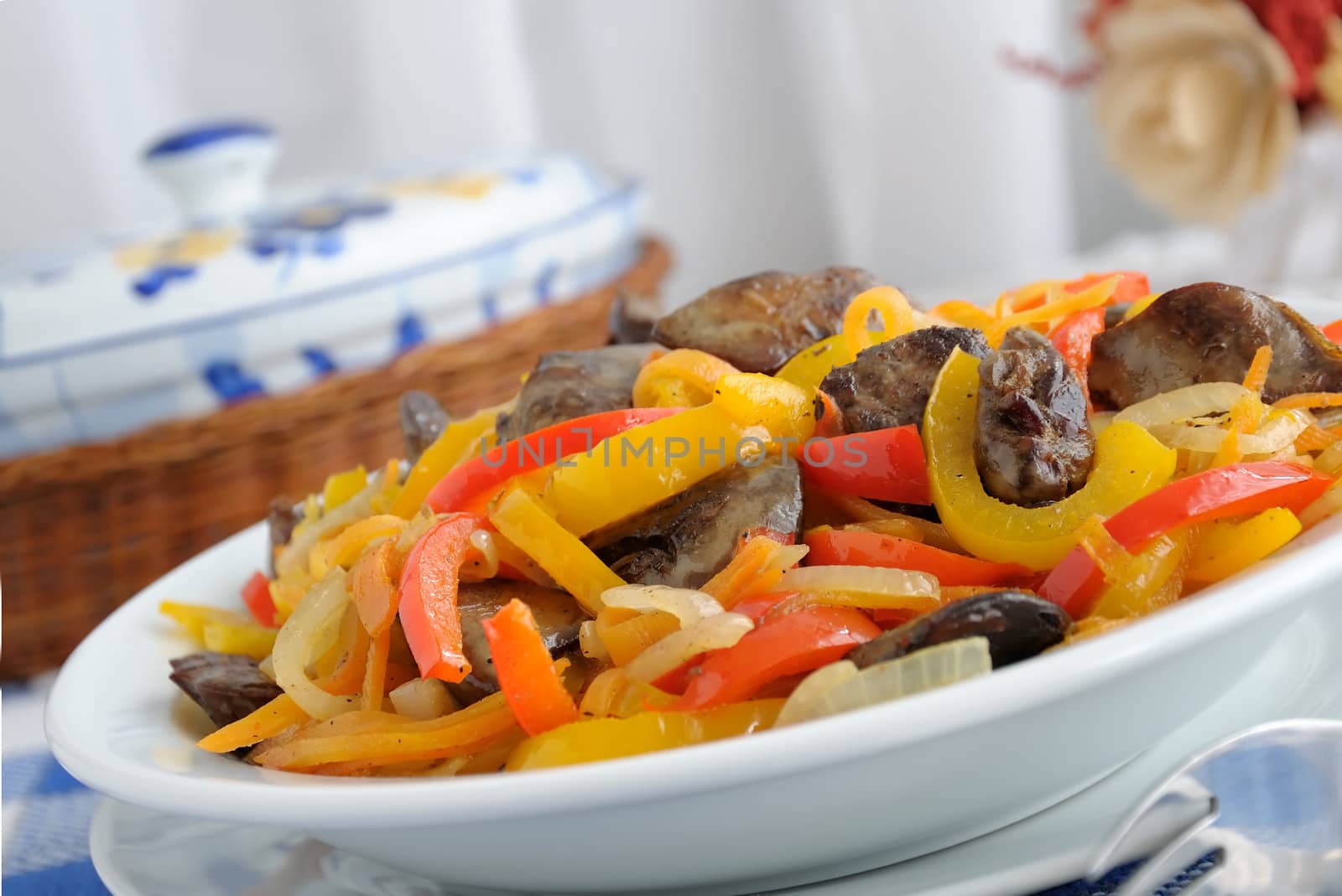 Chicken liver with roasted sweet peppers, onions and carrots