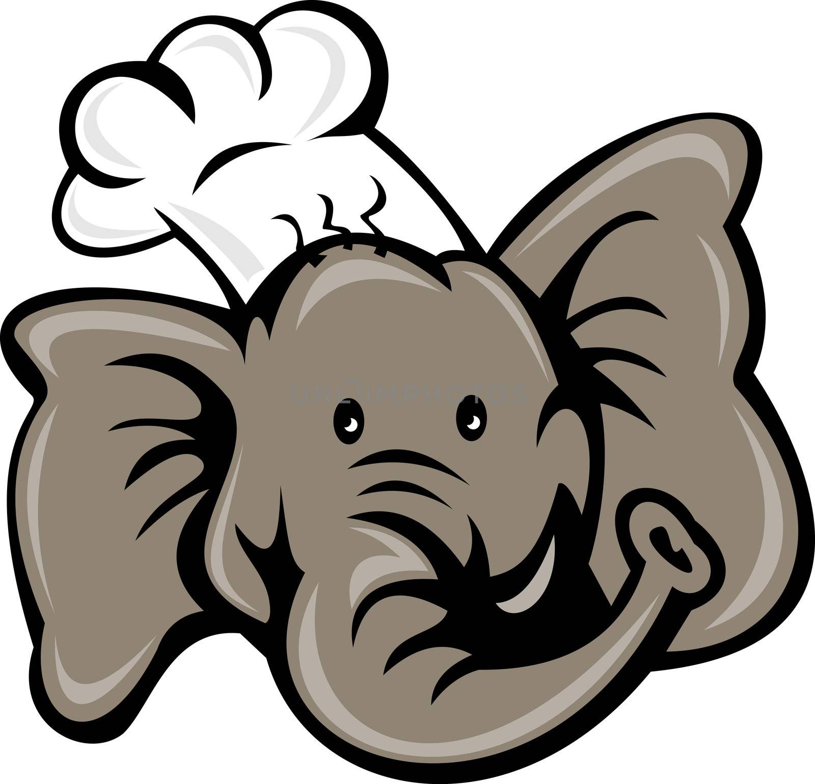  illustration of a cartoon chef cook or baker elephant head viewed from front isolated on white background