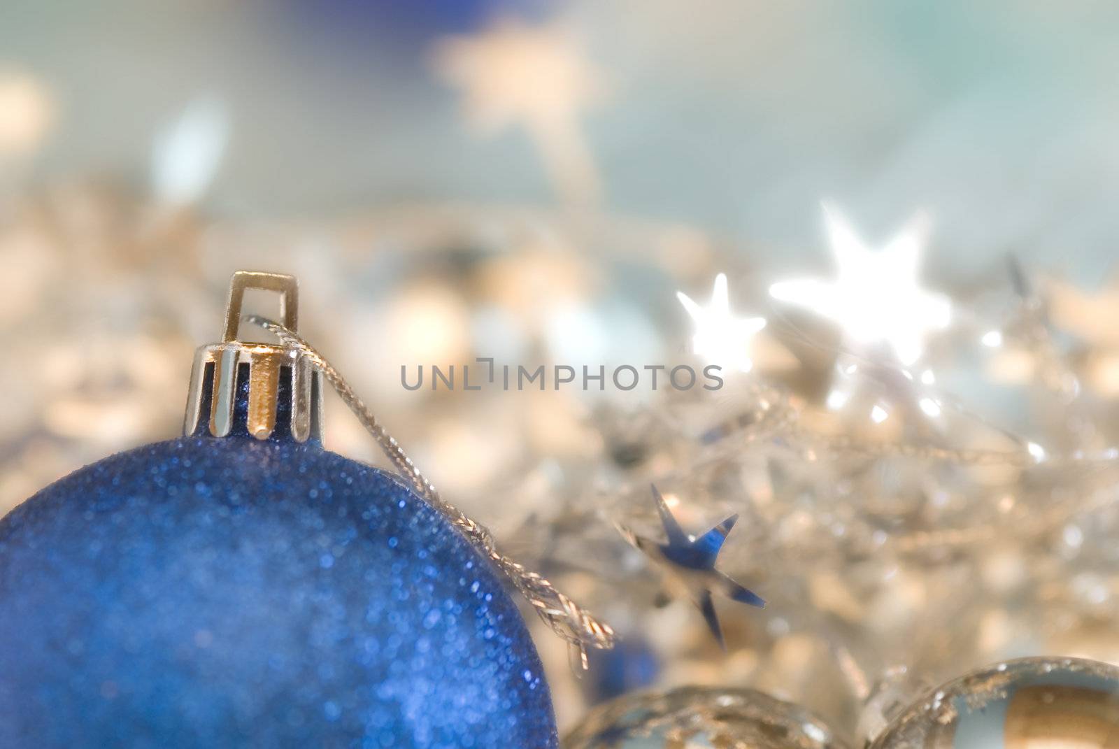 Christmas background ball bright blue, and stars