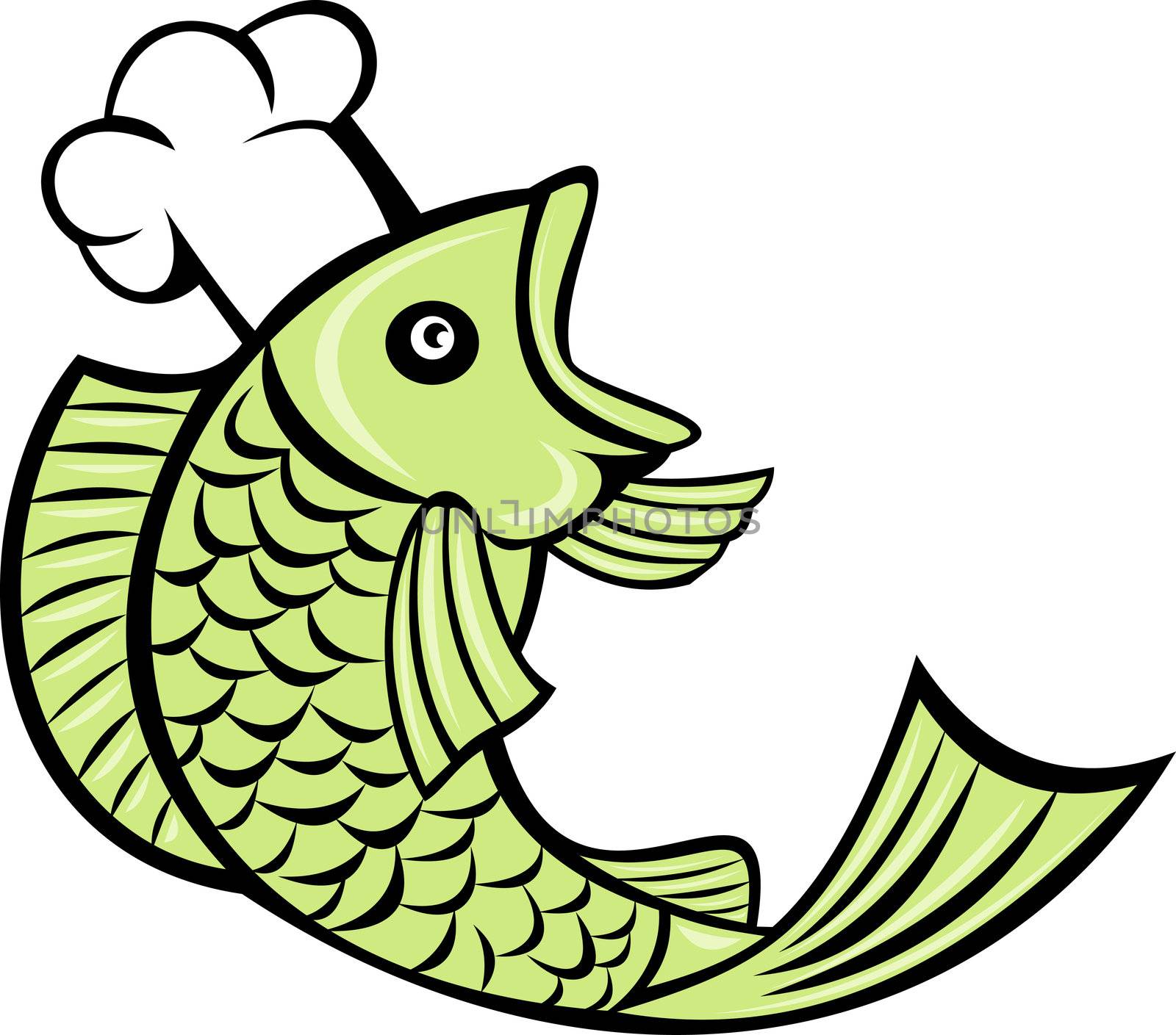 cartoon illustration of a fish cook chef baker