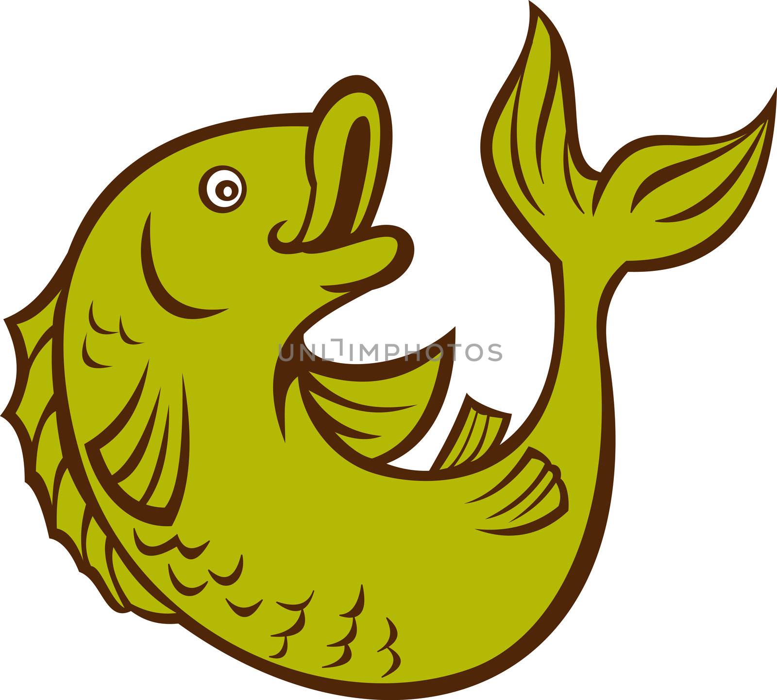 illustration of a cartoon fish jumping side isolated on white