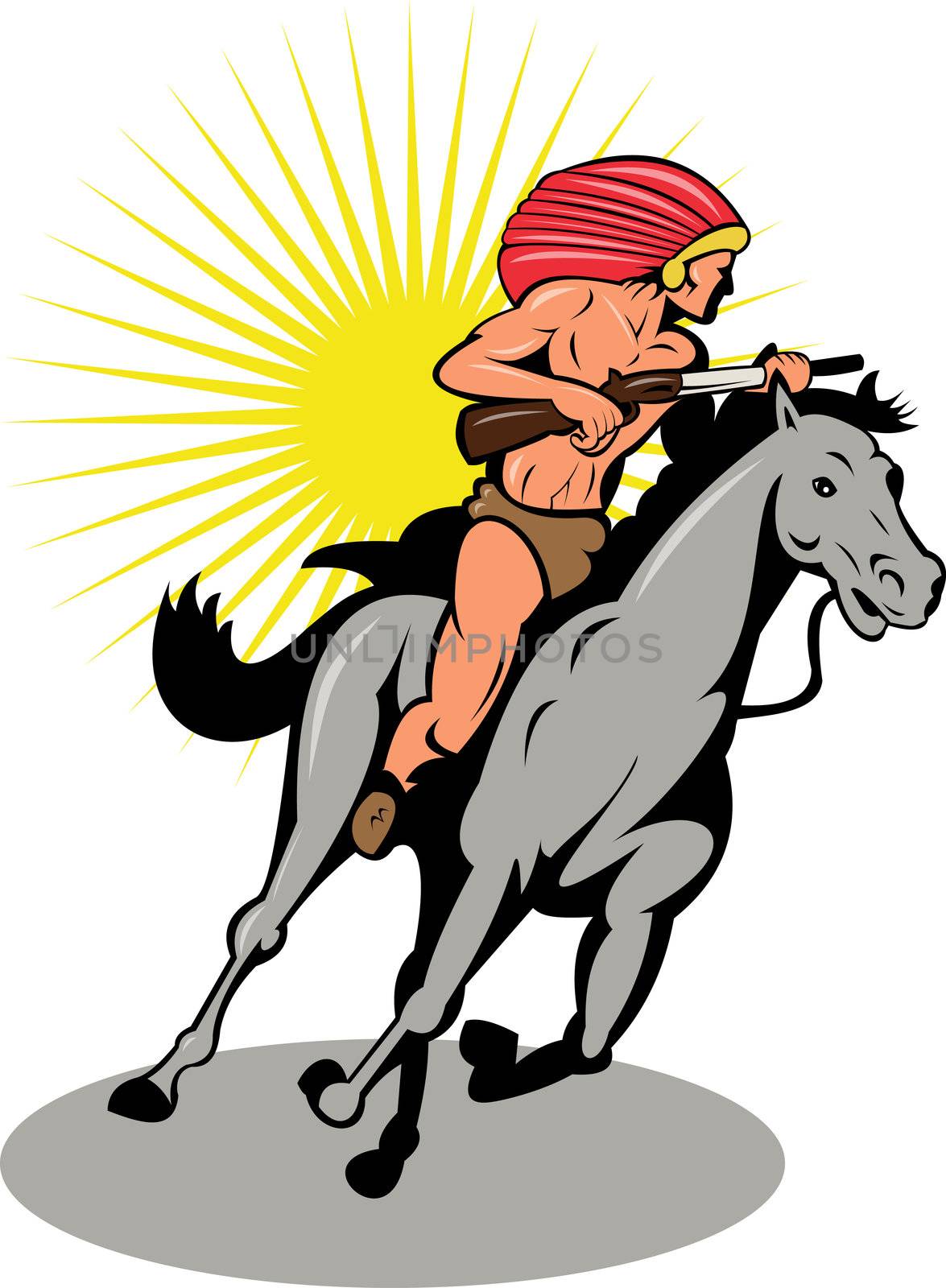 native american indian chief on horseback with rifle
