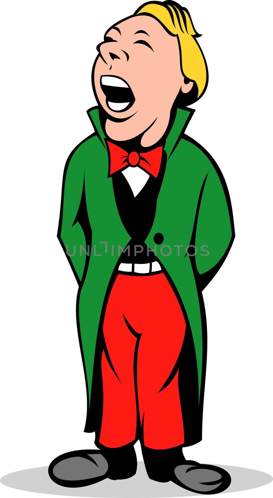 cartoon illustration of a Christmas caroler singing in red green suit isolated on white background.
