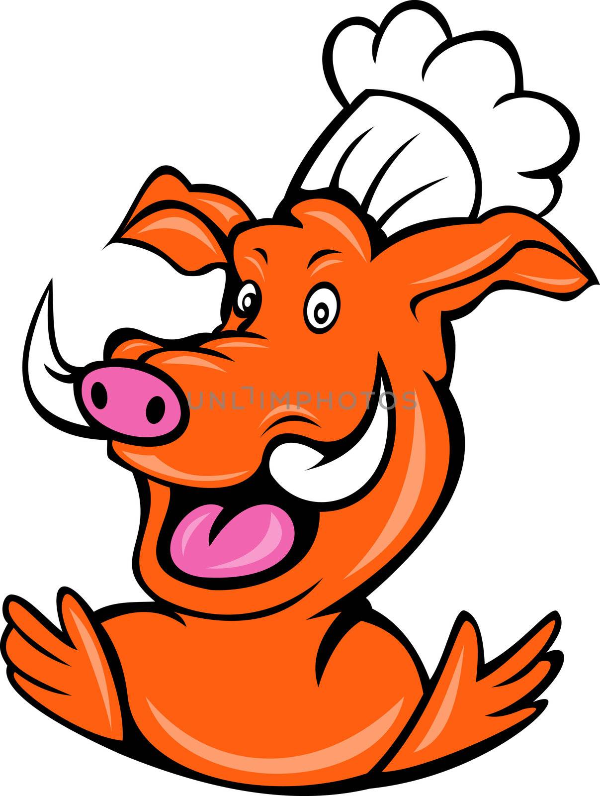 cartoon illustration of a wild pig boar hog who is a chef cook or baker with arms up isolated on white