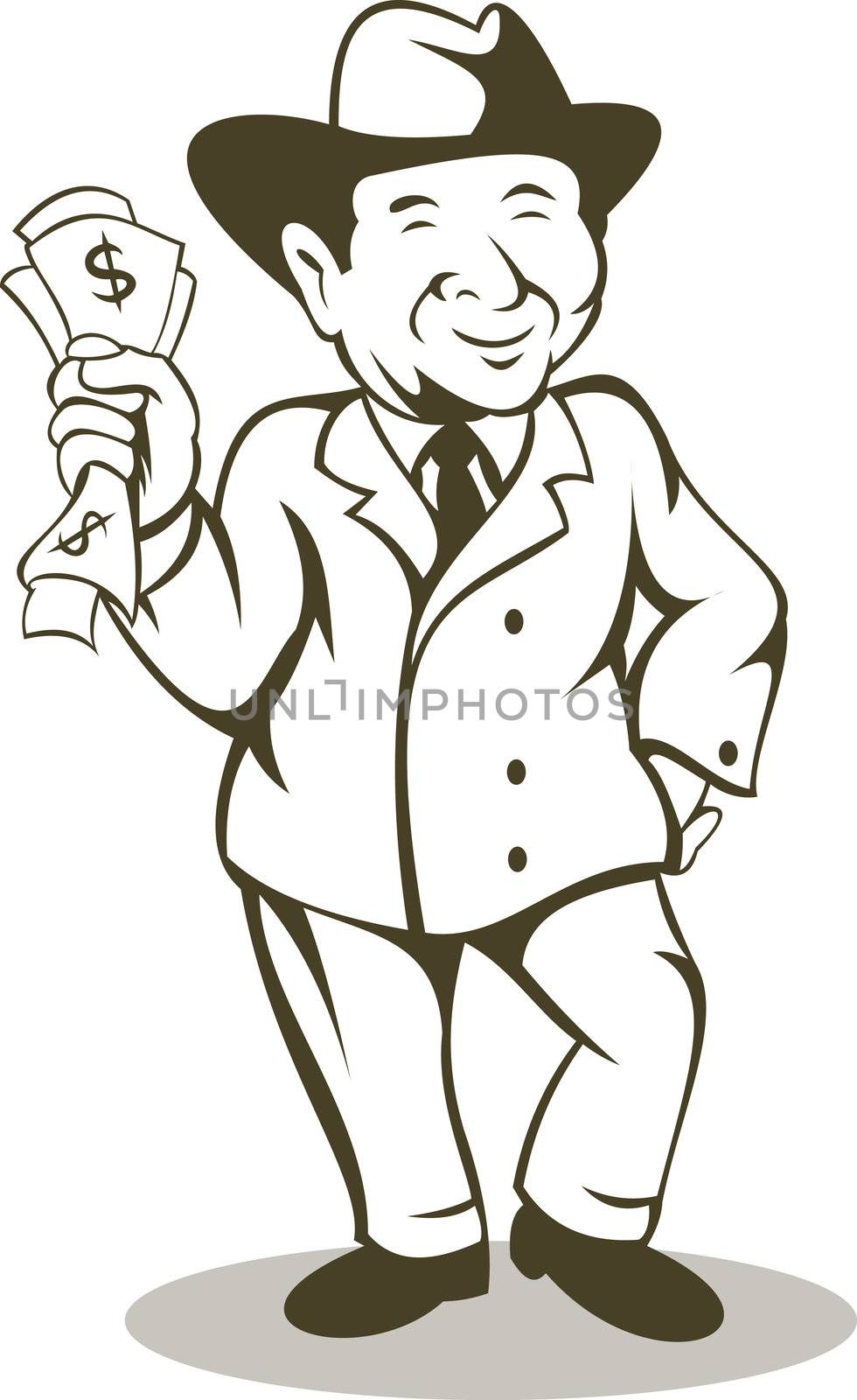 illustration of a Man in business suit and hat holding wads of dollar bill money isolated on white background