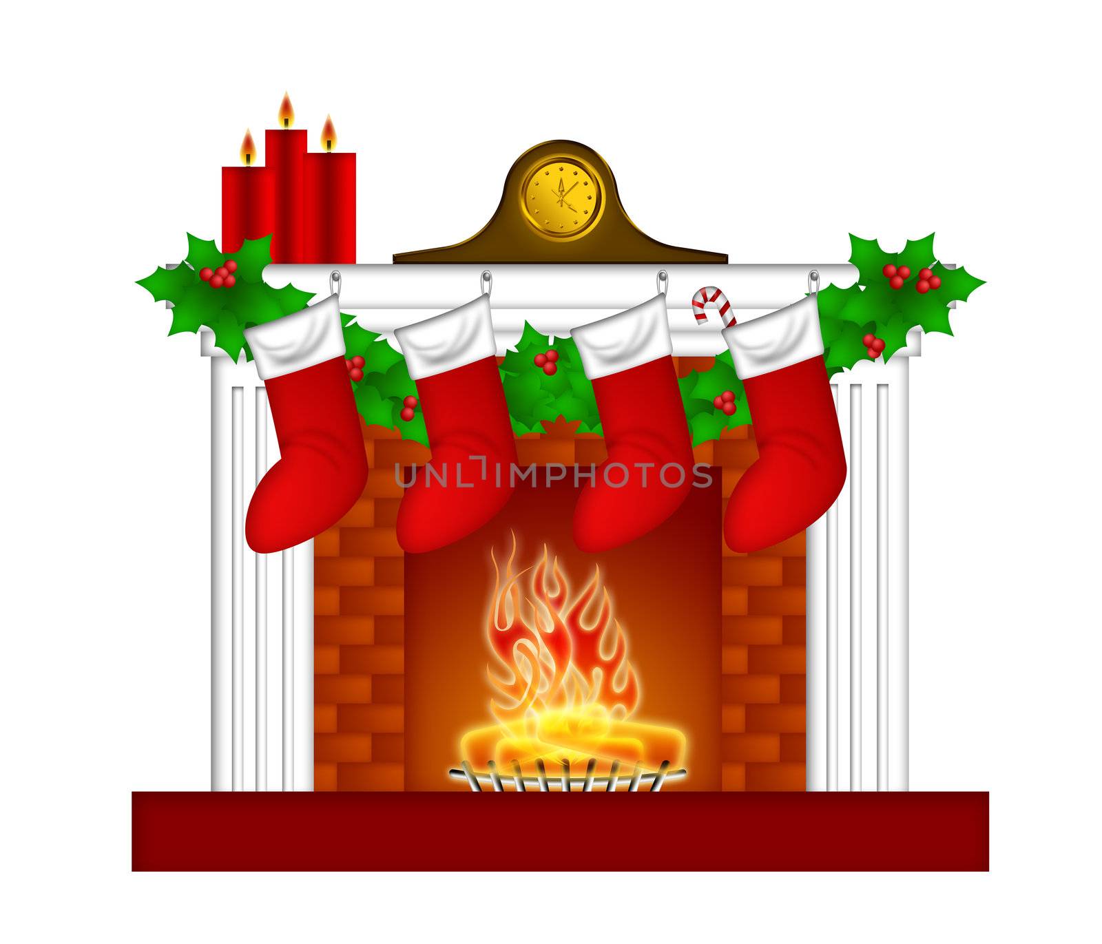 Fireplace Christmas Decoration with Garland Stocking Pillar Candles and Mantel Clock Illustration