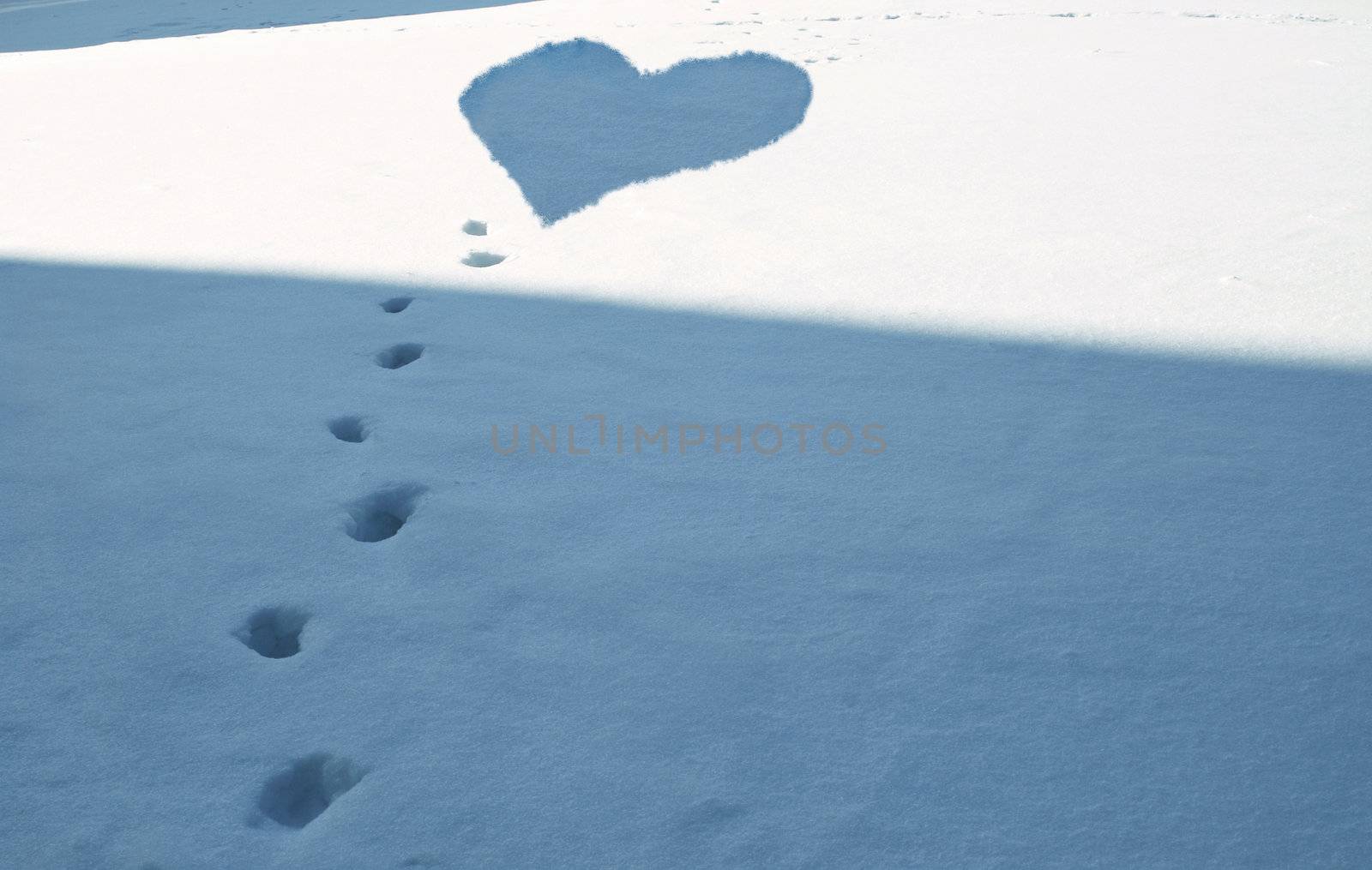 Winter Love Background - Footsteps in snow covered meadow
