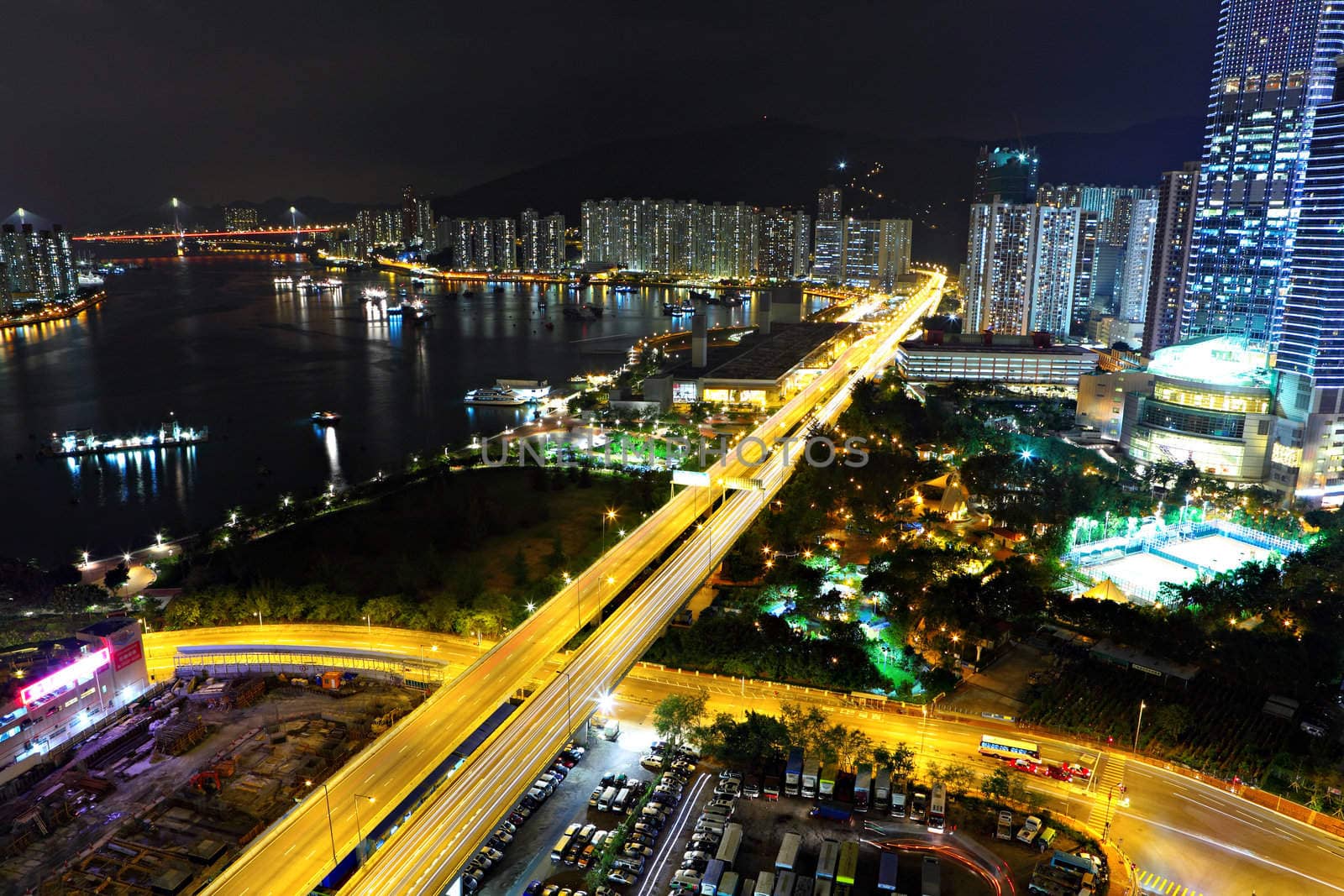 Highway at night in modern city