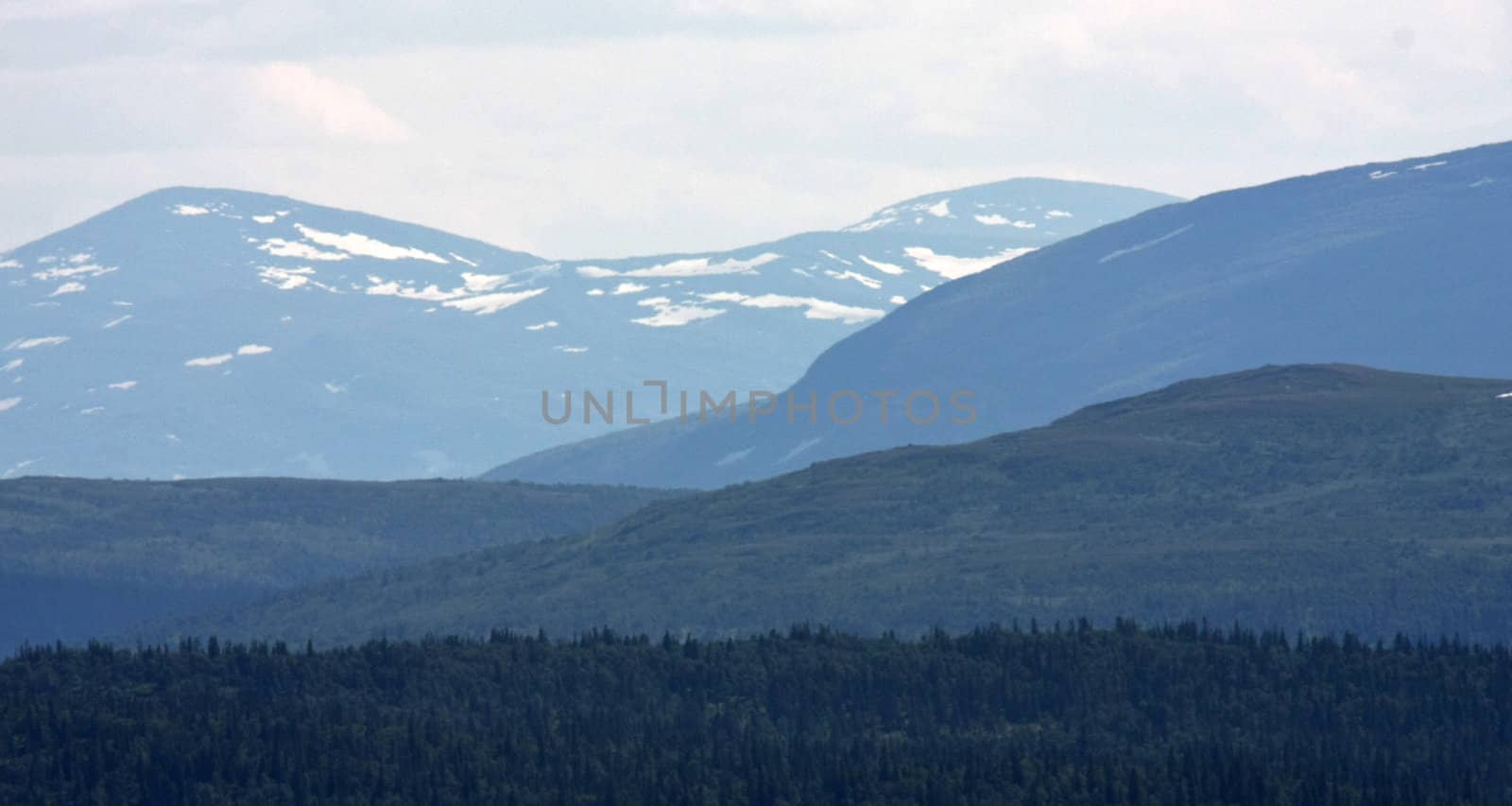 Four different shades of blue in distance mountains and forest.