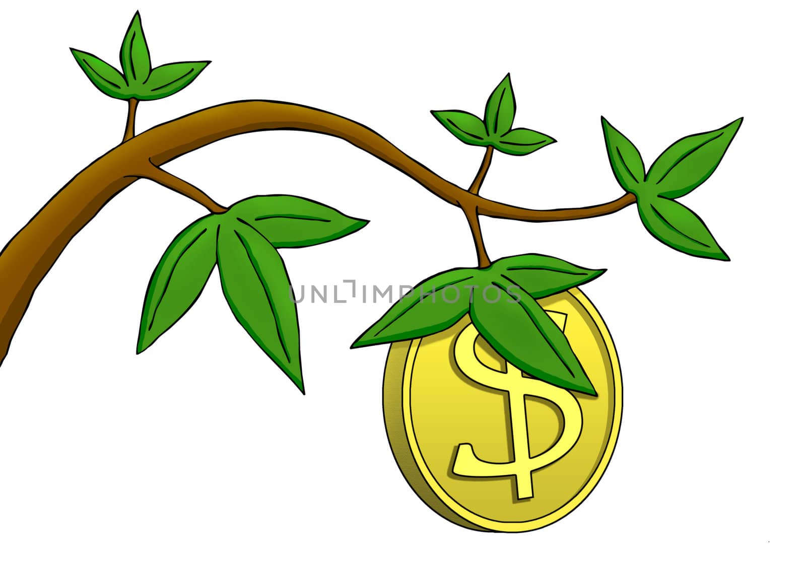 Illustration where a dollar coin growing as a fruit on a tree.