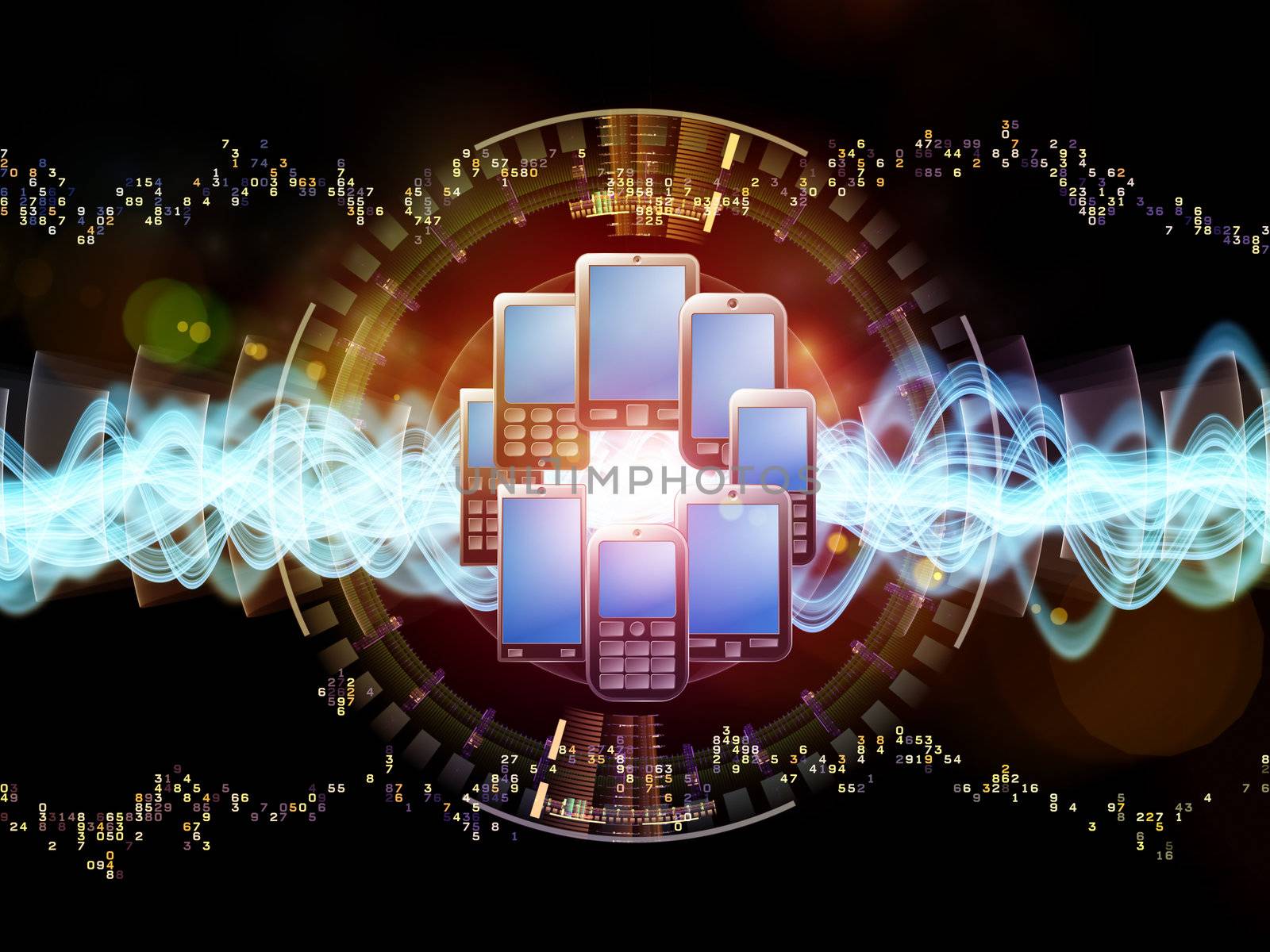 Interplay of cellular phones, numbers,  lights and abstract elements on the subject of communications, connectivity and mobile gadgets