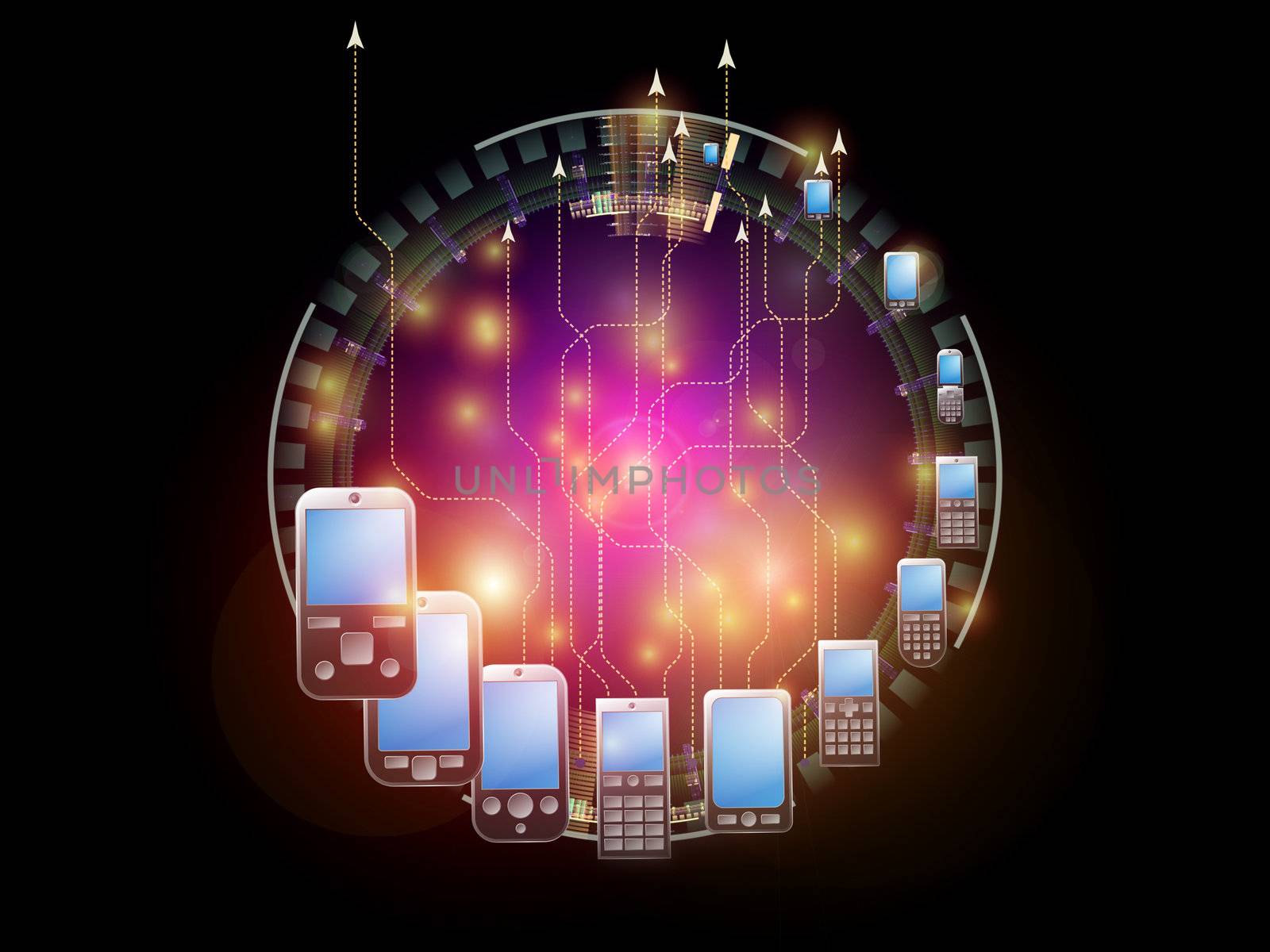 Arrangement of mobile phones and various abstract elements on the subject of cellular communications, connectivity and personal mobile gadgets