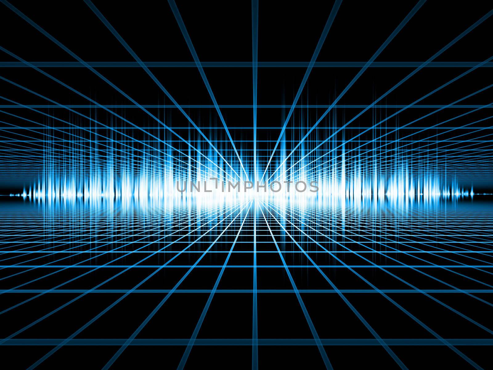 Interplay of perspective lines and sound wave on the subject of music, audio and sound technology