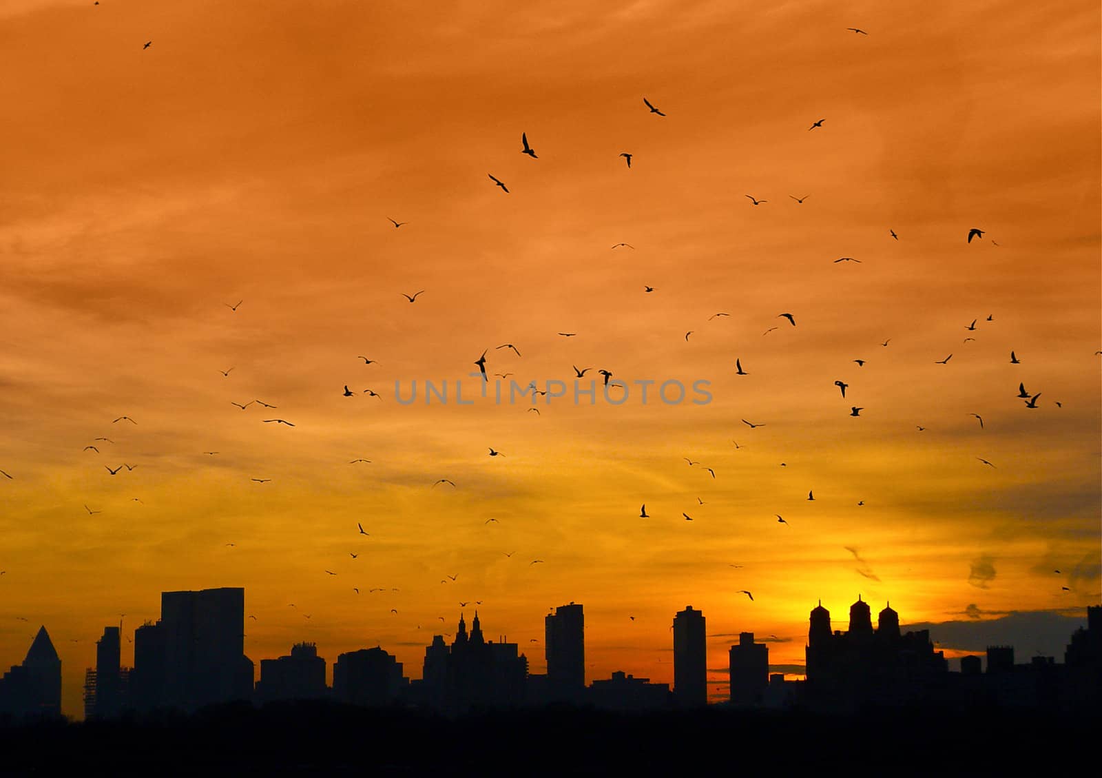 New York Skyline at Dusk with Dramatic scene in Sky