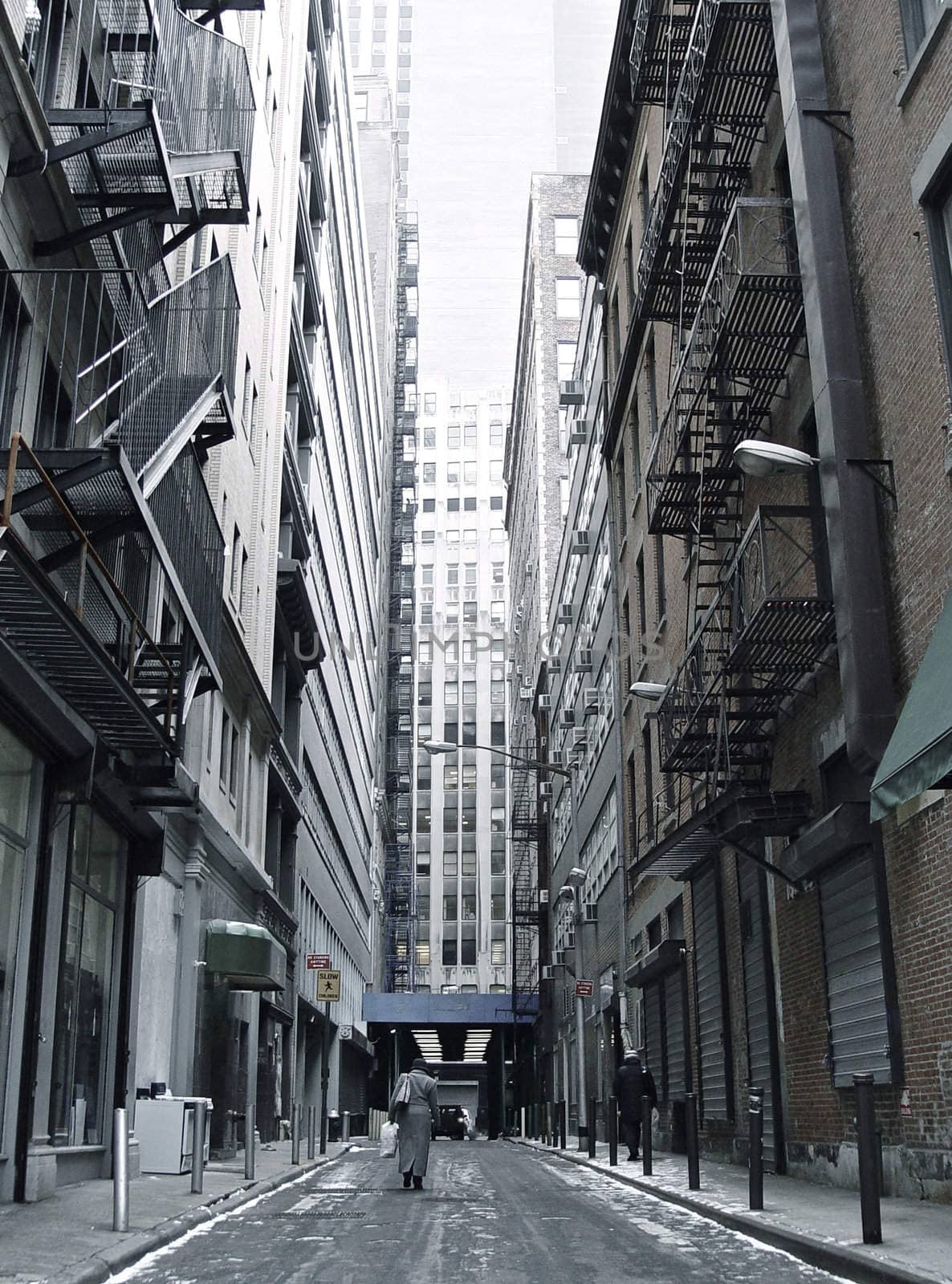 Gotham Dramatic Backstreet with Skyscraper Perspective around