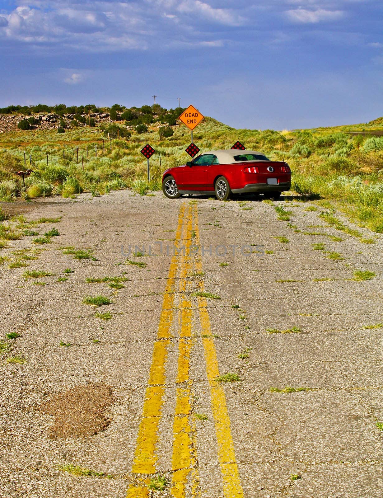 End of old part of Route 66 road with Red Car