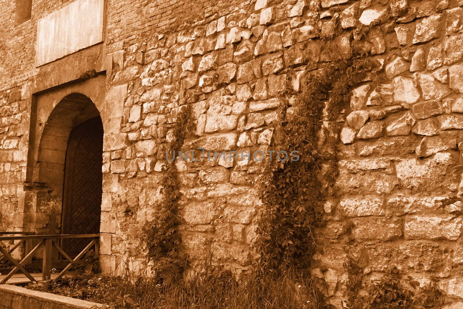 Medieval stone wall with an iron gate by qiiip