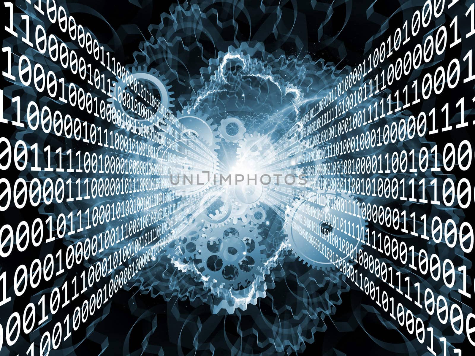 Composition of numbers, lights, gears and abstract design elements as a concept metaphor for digital and computational processes, math and modern technologies