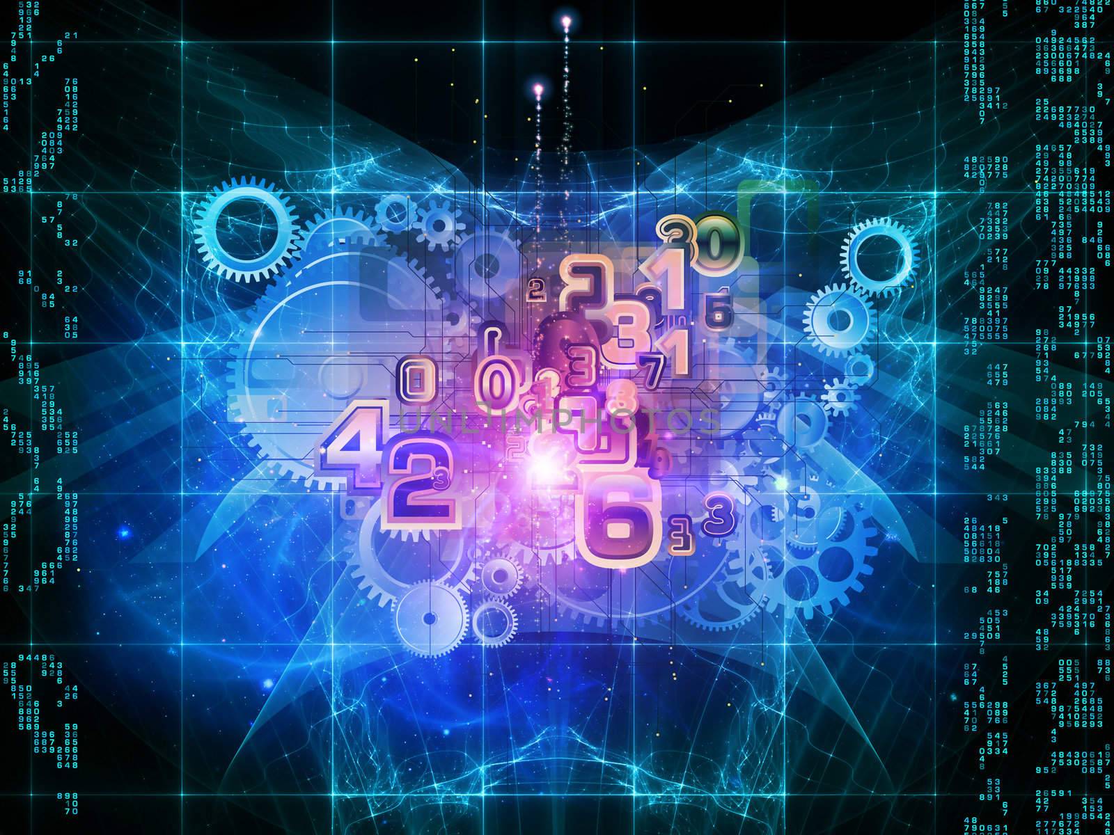 Composition of numbers, lights, gears and abstract design elements as a concept metaphor for digital and computational processes, math and modern technologies