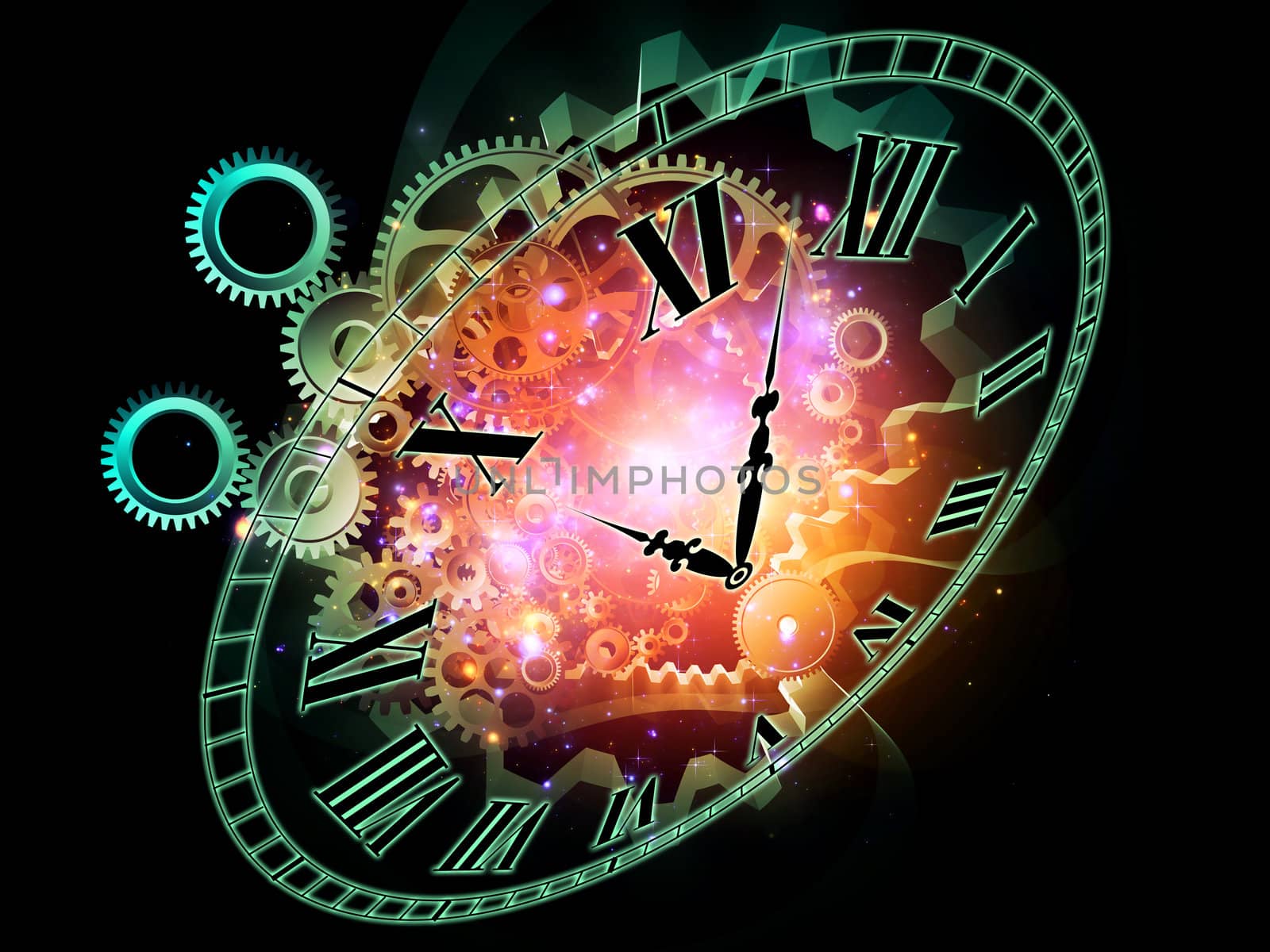 Composition of clock hands, gears and abstract design elements as a concept metaphor on subject of time, technological, engineering and industrial processes, deadlines, schedules,  past, present and future