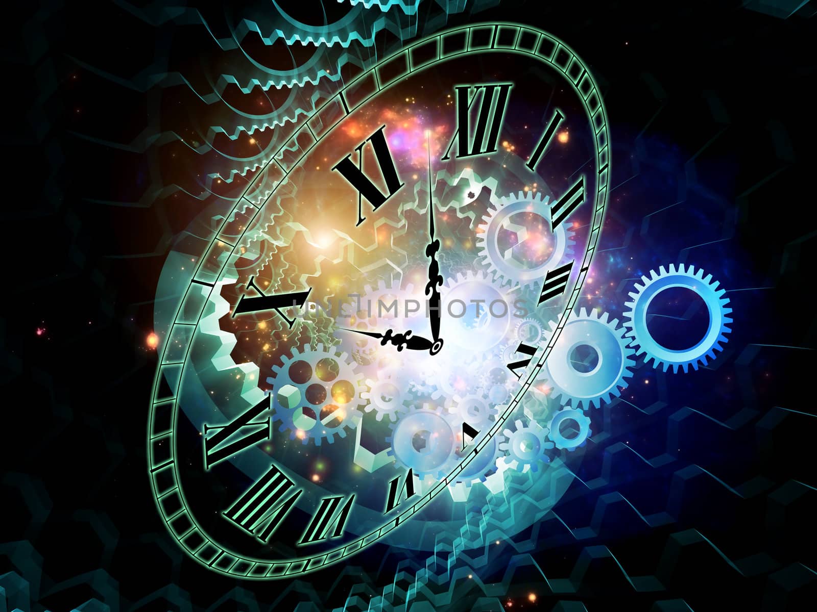 Composition of clock hands, gears and abstract design elements as a concept metaphor on subject of time, technological, engineering and industrial processes, deadlines, schedules,  past, present and future