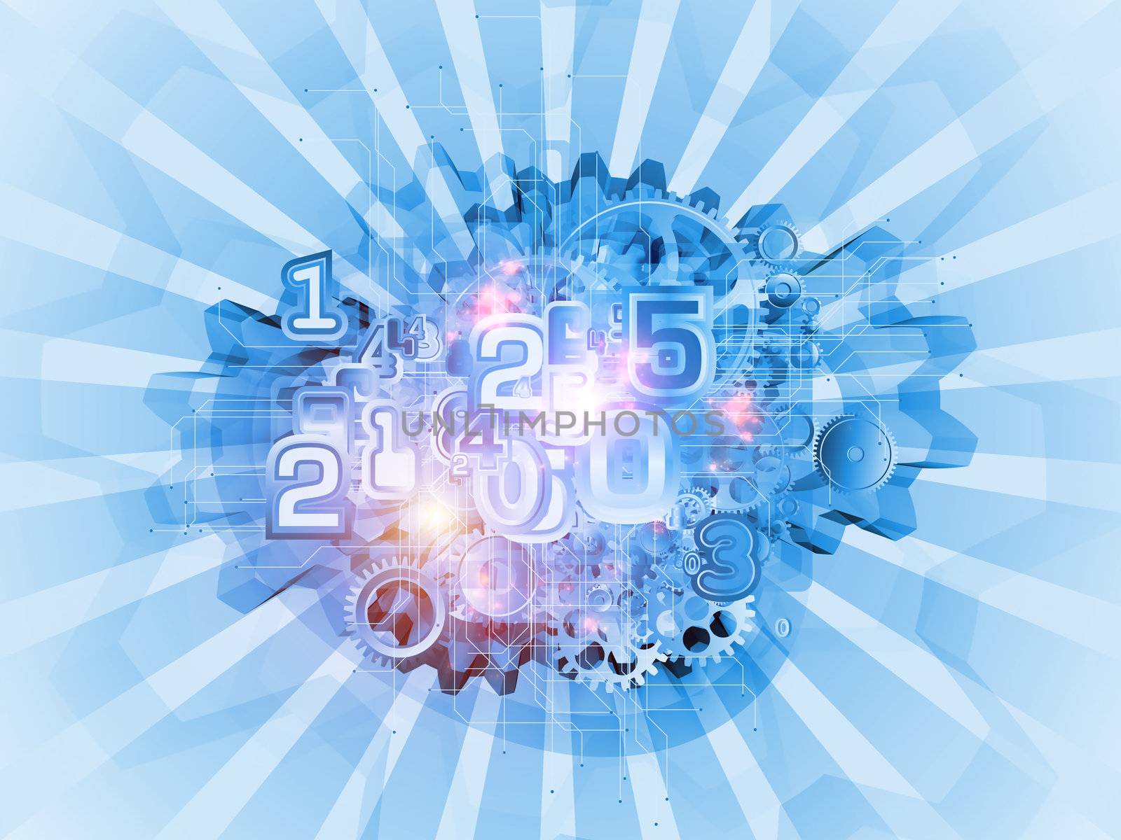 Composition of numbers, lights, gears and abstract design elements as a concept metaphor for digital and computational processes, math and modern technologies