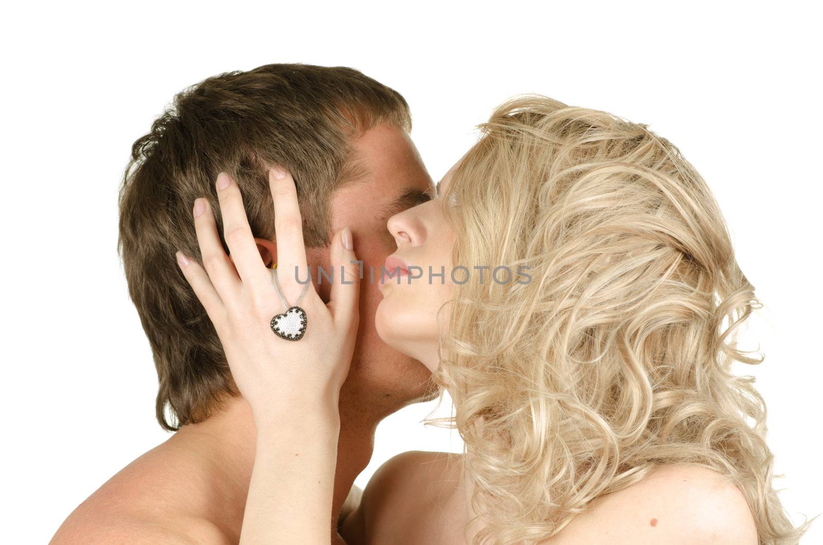 Kissing man and woman - lovers closeup portraits