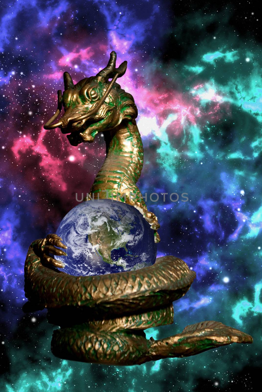 Dragon rolled the earth in the space with colorfull orion background