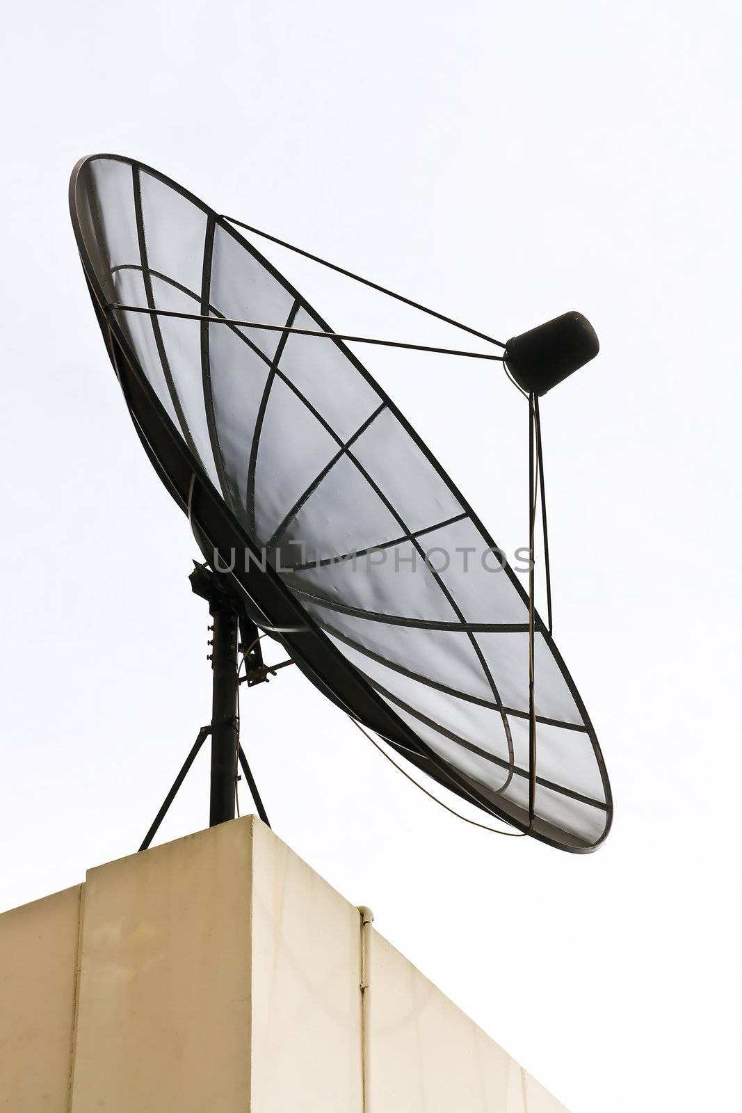 Big Black Satellite Dish on office building isolated on White sky