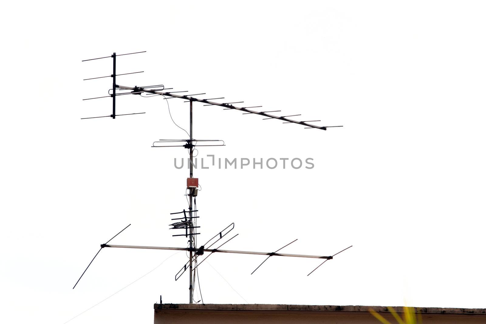 Television antenna on white sky for telecommunication concept