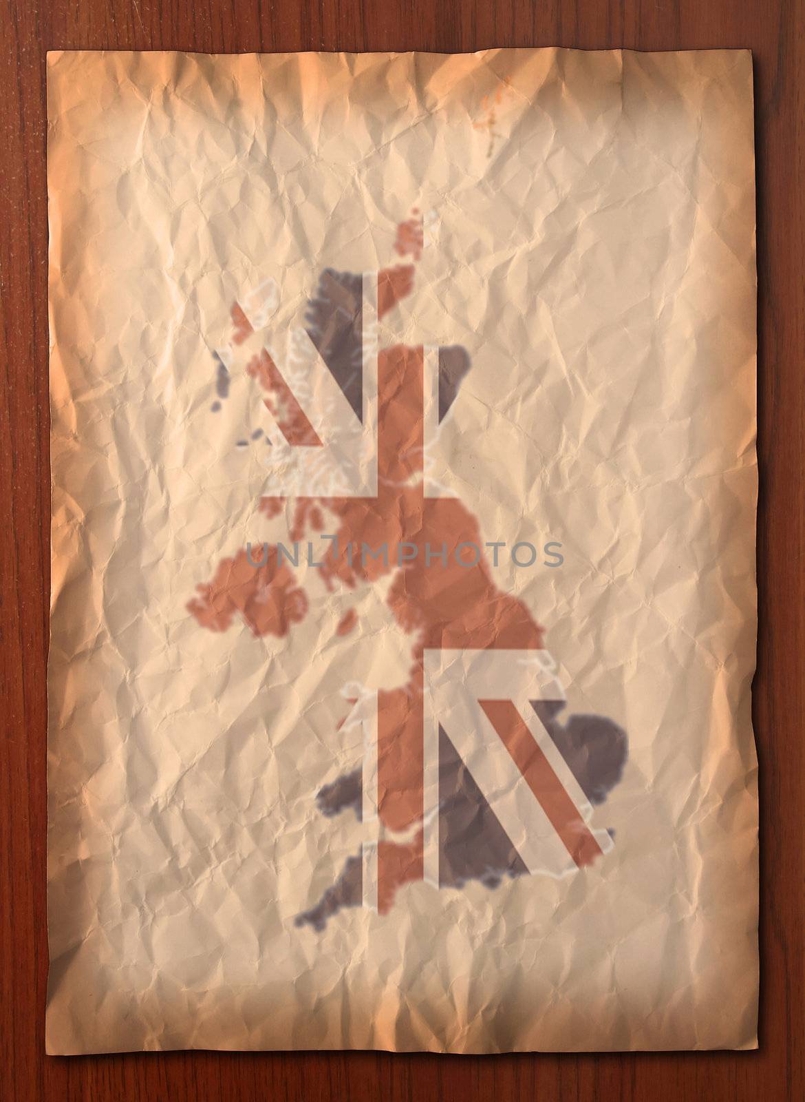 UK Map with flag on recycle vintage paper craft