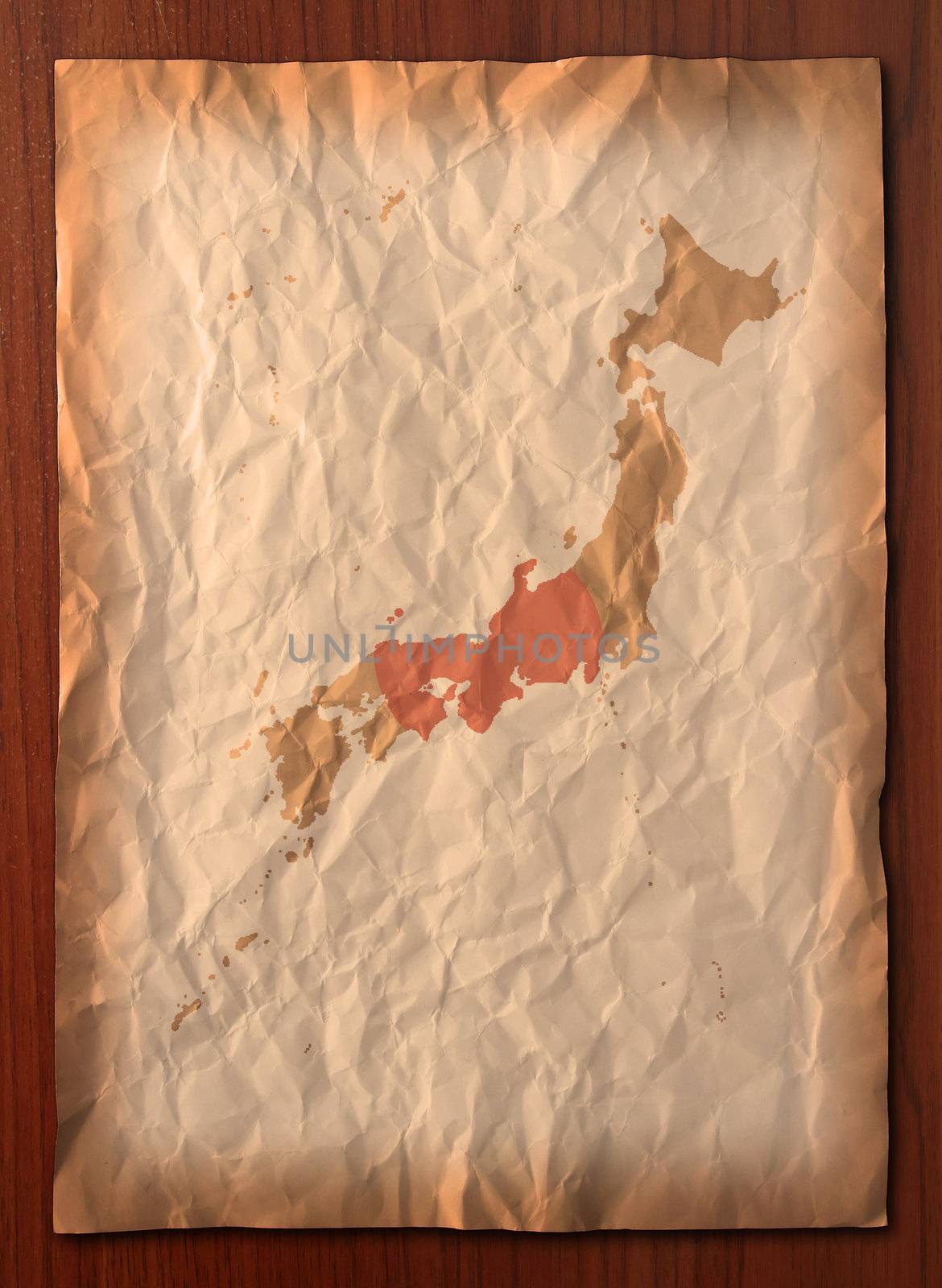 Japan Map with flag on recycle vintage paper craft
