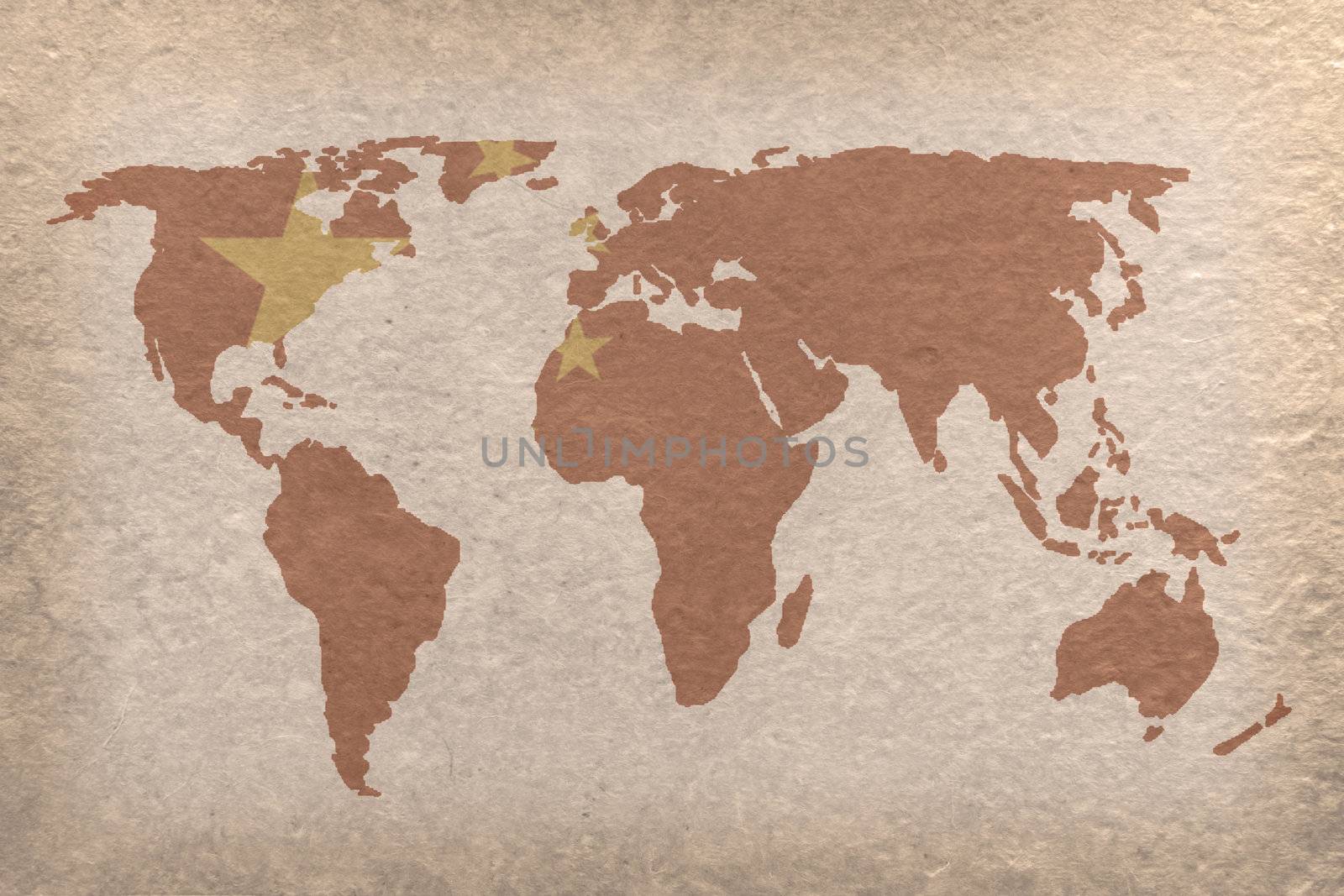 vintage world map with China flag on paper craft (map from NASA)