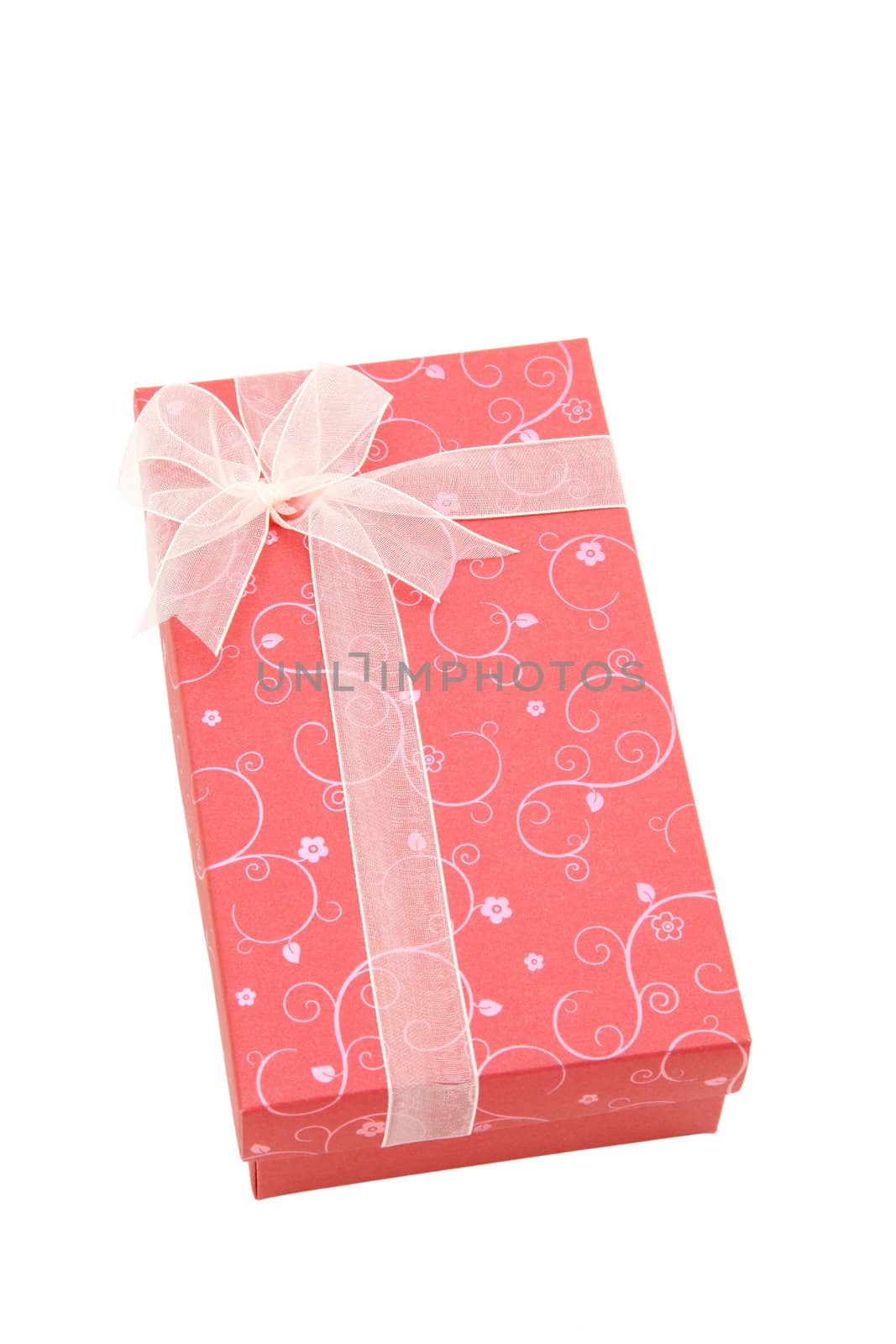 perspective of isolated red holiday gift box, vertical