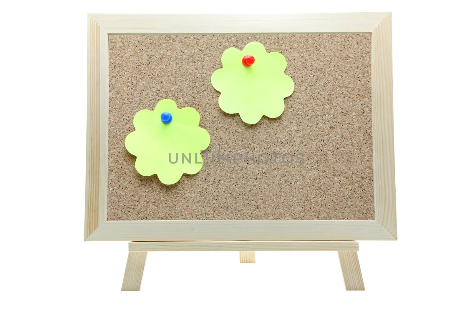 two flower shape memo paper on cork board on white background