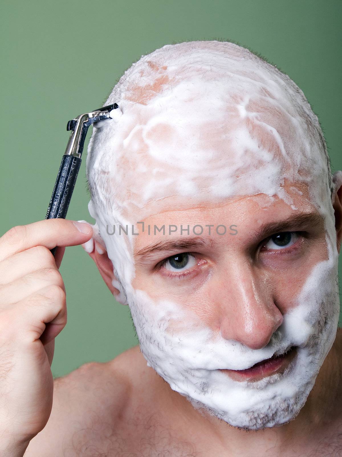 Beauty men with razor shaving blade cutting hair
