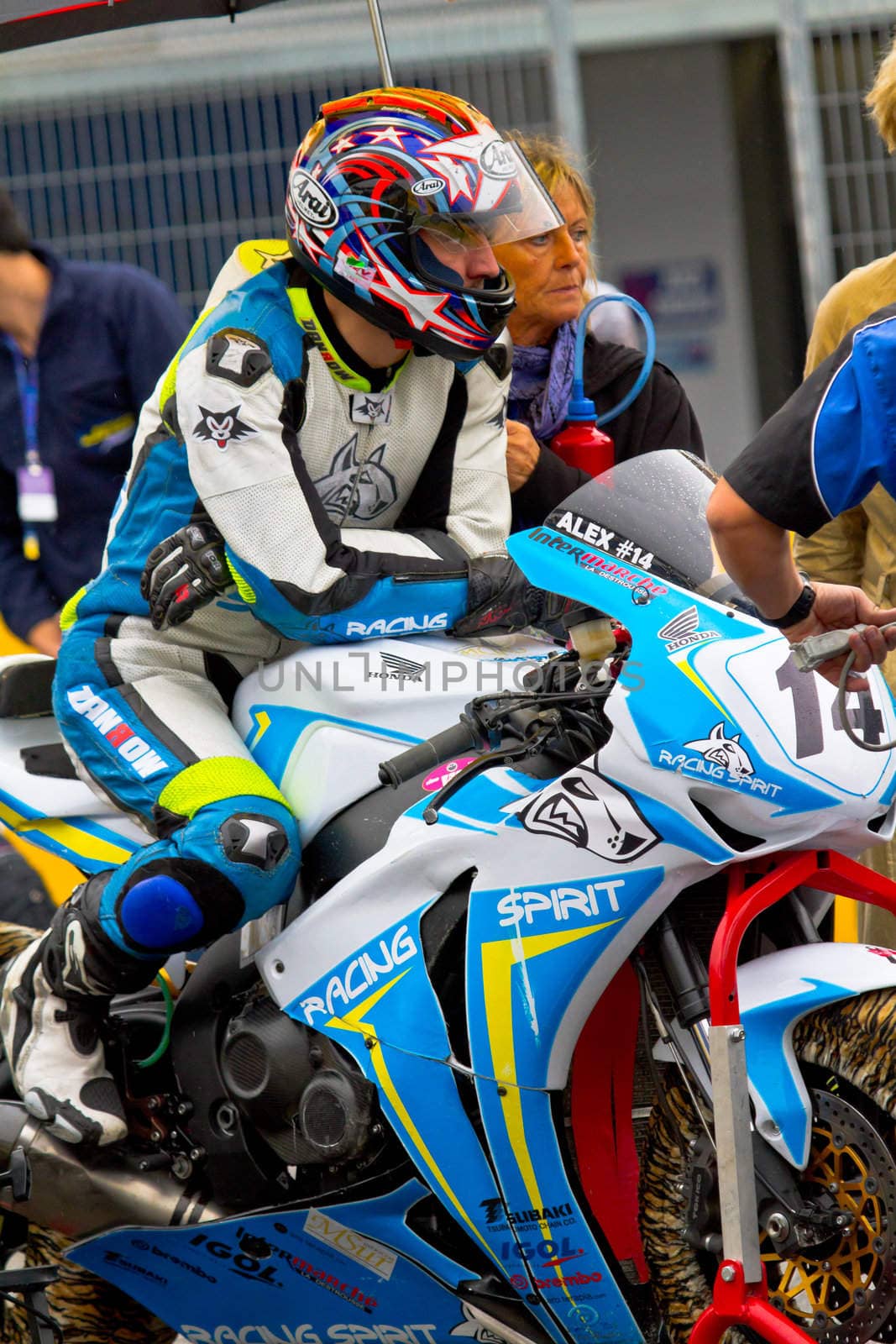 JEREZ DE LA FRONTERA, SPAIN - NOV 20: Stock Extreme motorcyclist Alexandre Praud waiting on the starting gates in the CEV Championship race on November 20, 2011 in Jerez de la Frontera, Spain
