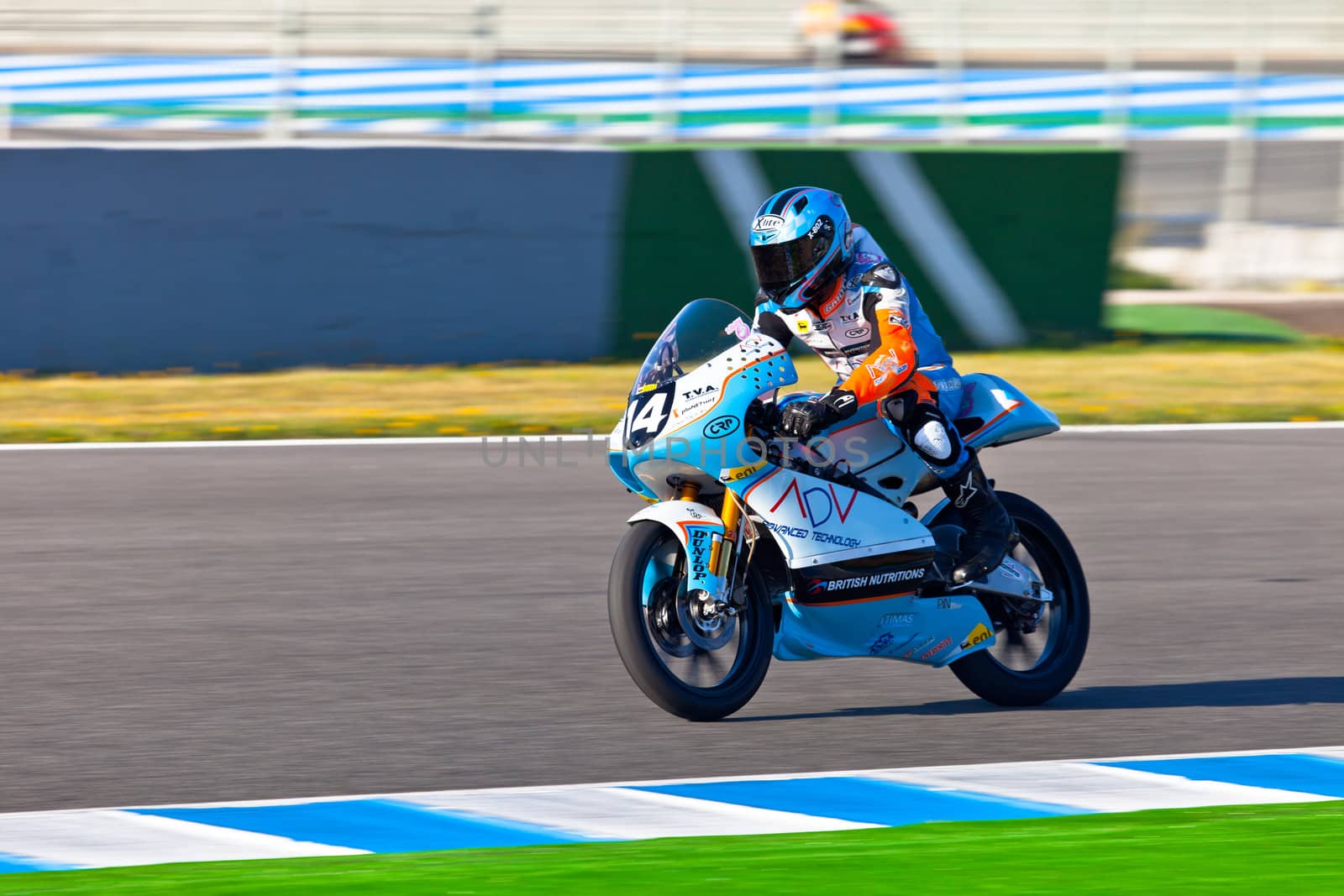 JEREZ DE LA FRONTERA, SPAIN - APR 16: 125cc motorcyclist Shankar Sarath Kumar races in the CEV Championship race on April 16, 2011 in Jerez de la Frontera, Spain.