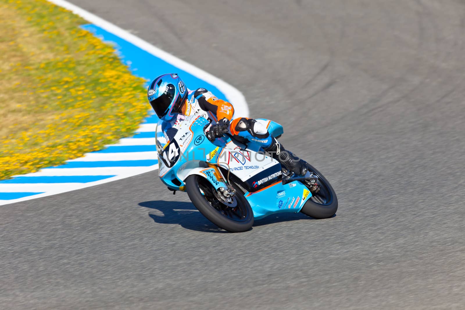 JEREZ DE LA FRONTERA, SPAIN - APR 16: 125cc motorcyclist Shankar Sarath Kumar takes a curve in the CEV Championship race on April 16, 2011 in Jerez de la Frontera, Spain.