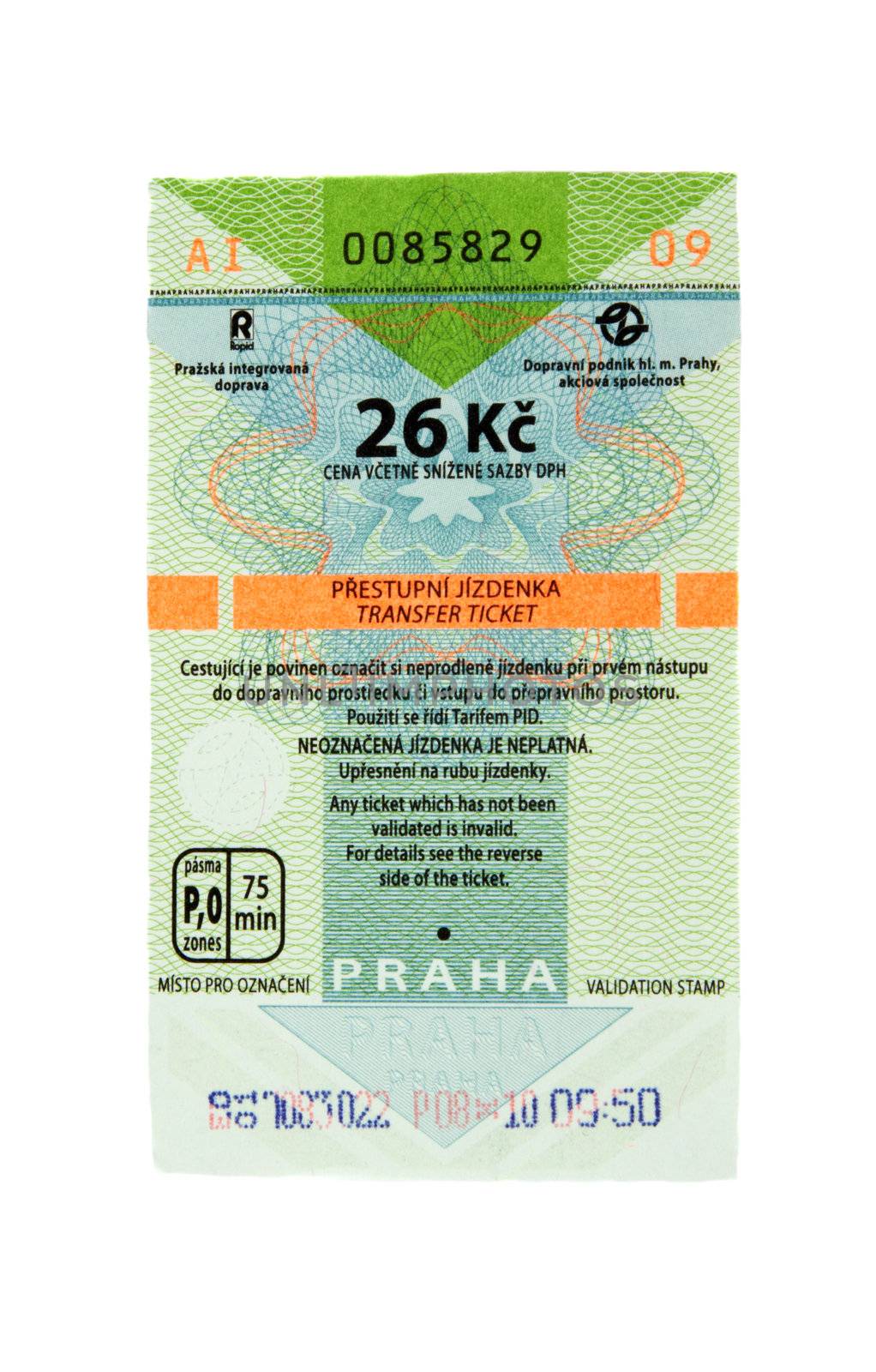 Ticket on metro in city Prague on white background