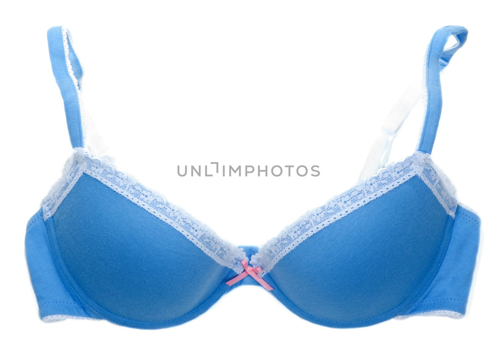 Blue lacy feminine bra on white background